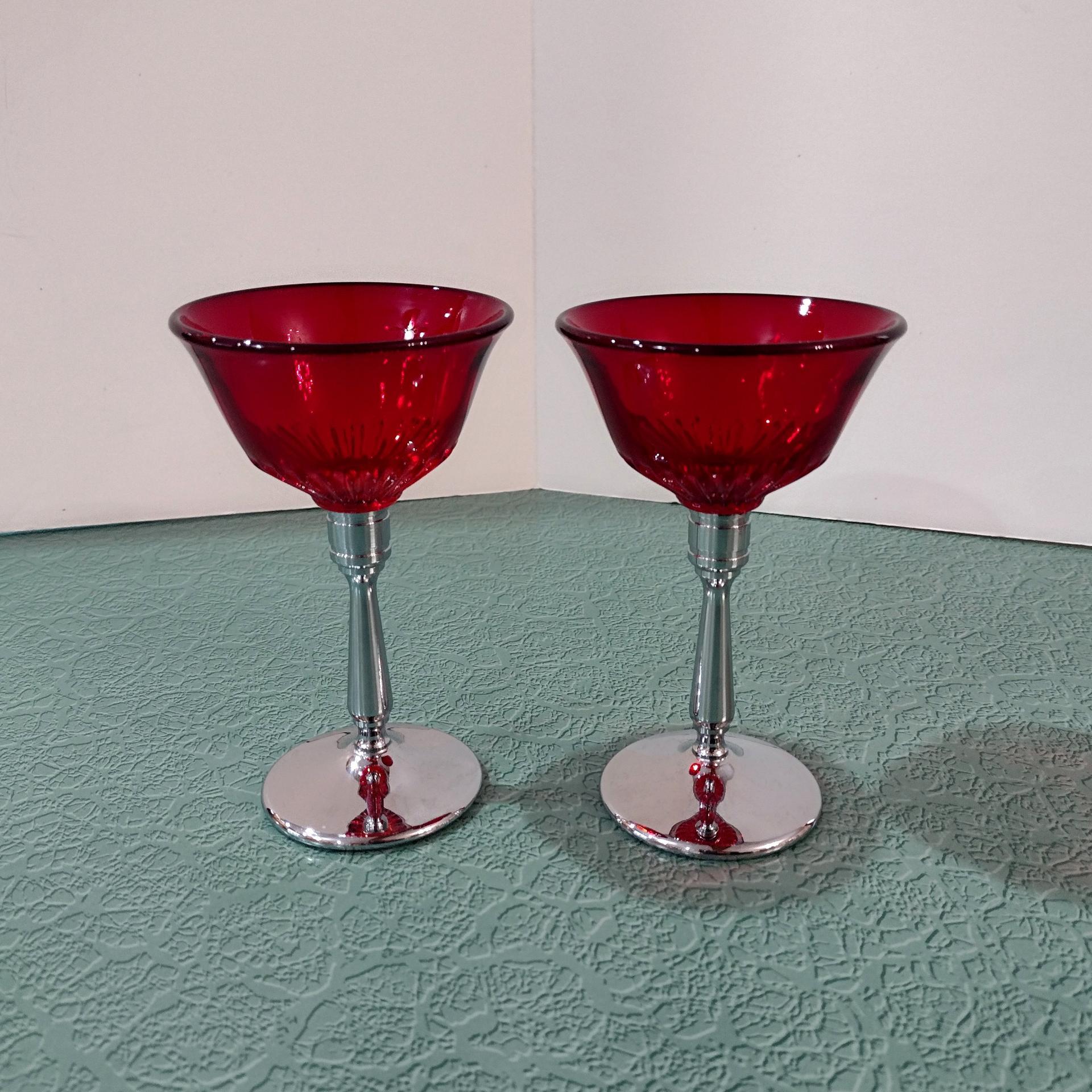Vintage Paden City Glades Ruby Red Wine Glasses with Chrome Stems, Set of Two