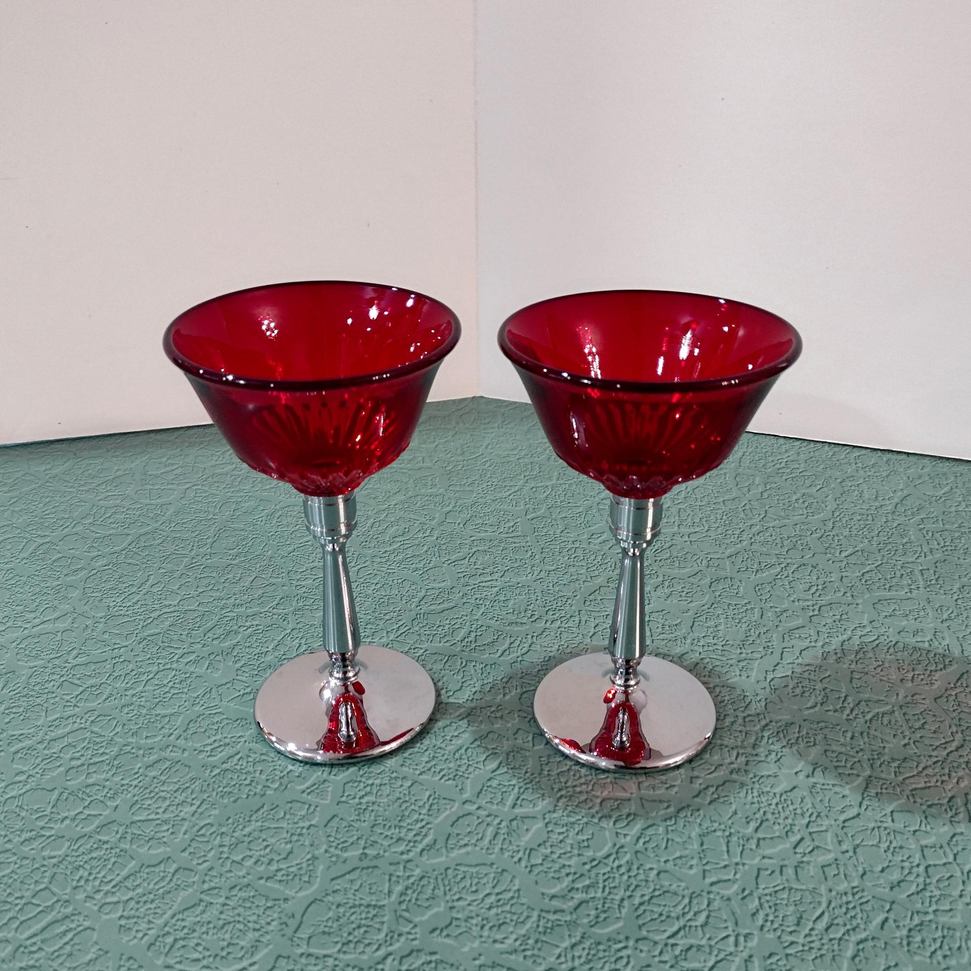 Vintage Paden City Glades Ruby Red Wine Glasses with Chrome Stems, Set of Two