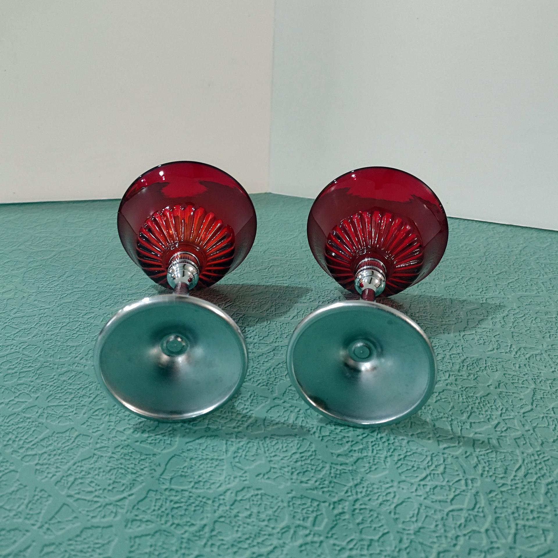 Vintage Paden City Glades Ruby Red Wine Glasses with Chrome Stems, Set of Two