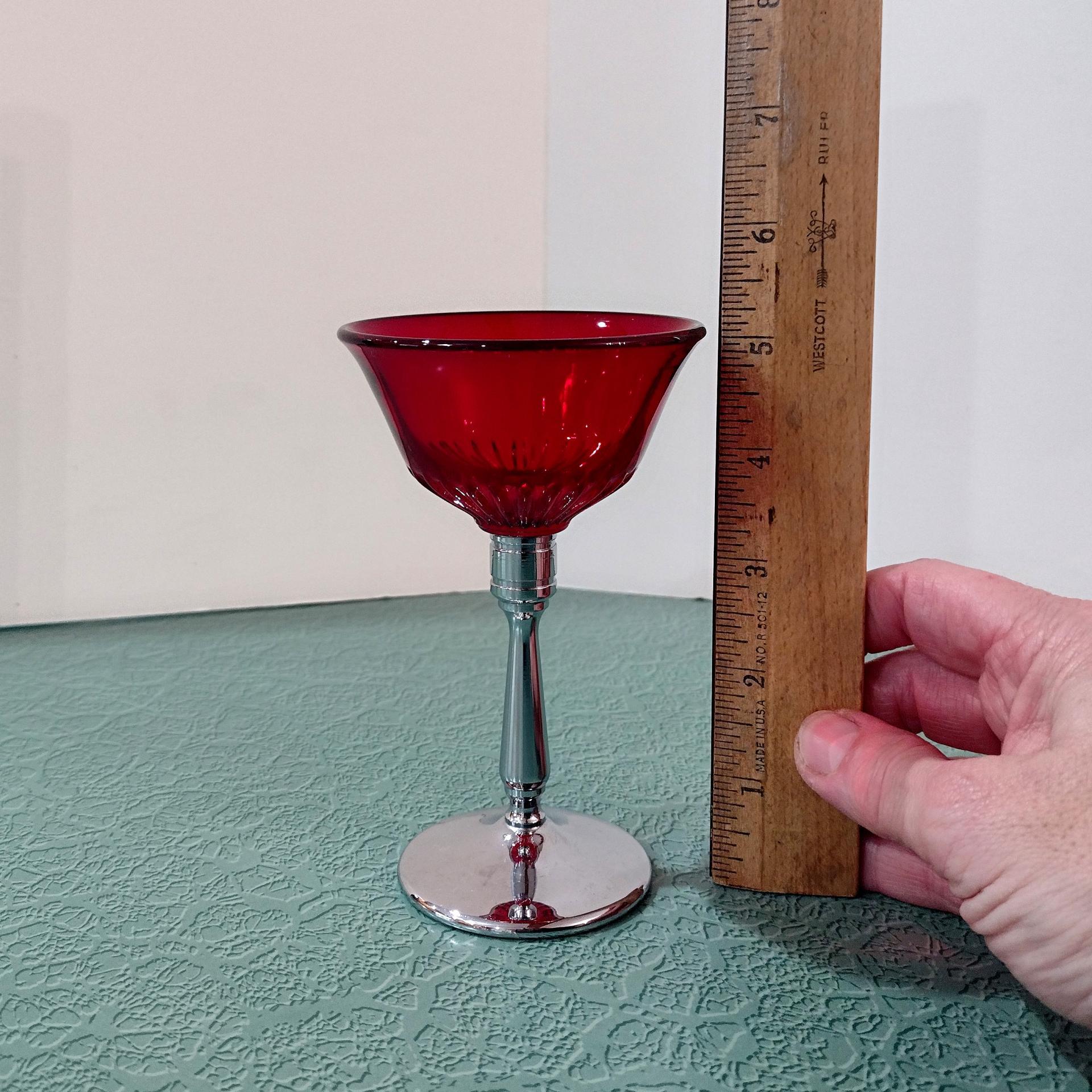 Vintage Paden City Glades Ruby Red Wine Glasses with Chrome Stems, Set of Two