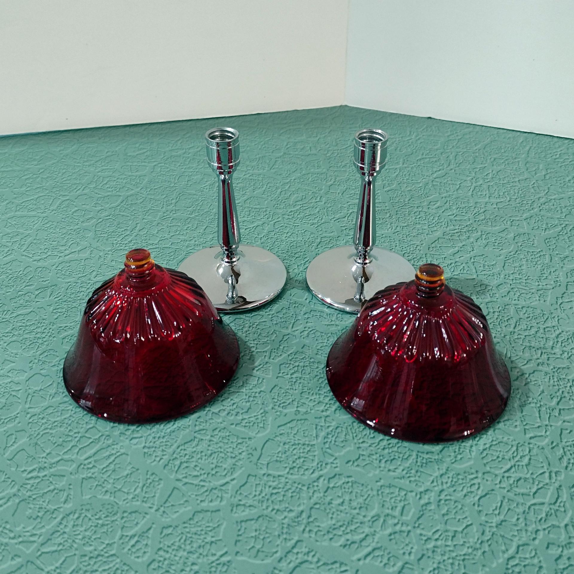 Vintage Paden City Glades Ruby Red Wine Glasses with Chrome Stems, Set of Two
