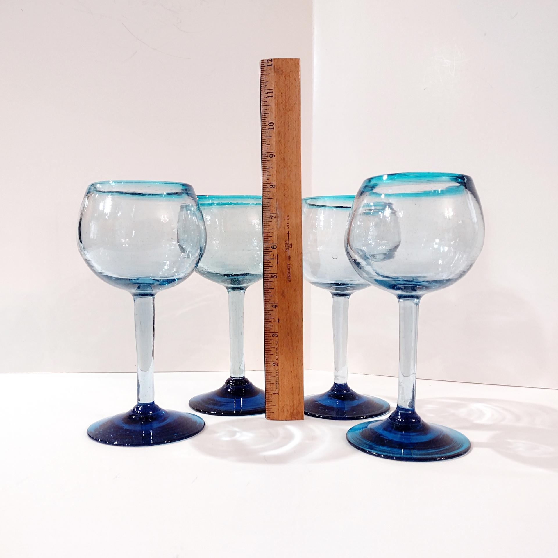 Vintage Mexican Hand Blown Glass Goblets, Set of Four, Aqua Turquoise Blue Large Wine / Margarita Glasses