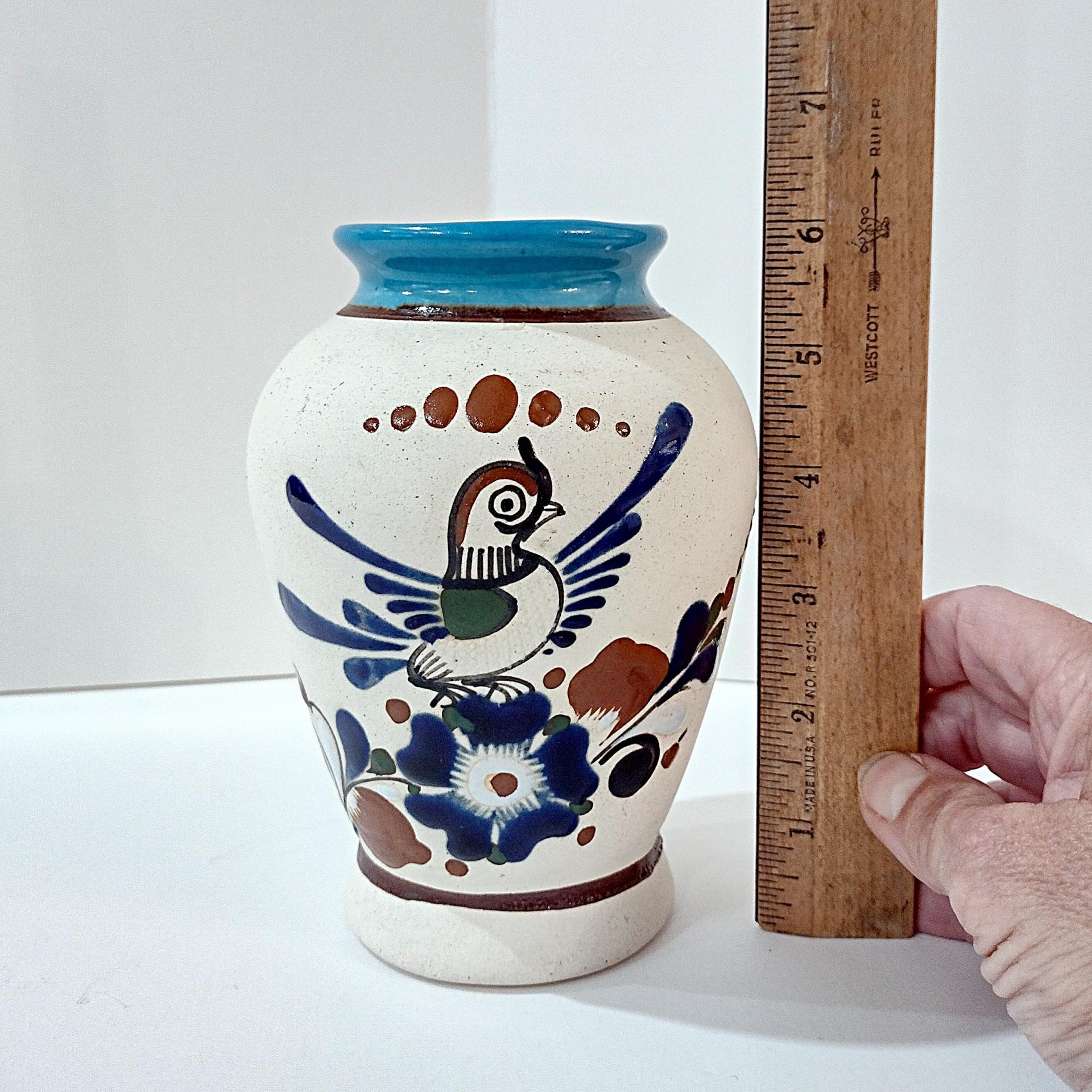 Vintage Mexican Tonala Blue Bird Floral Ceramic Vase, Tonala Mexico Hand Painted Pottery