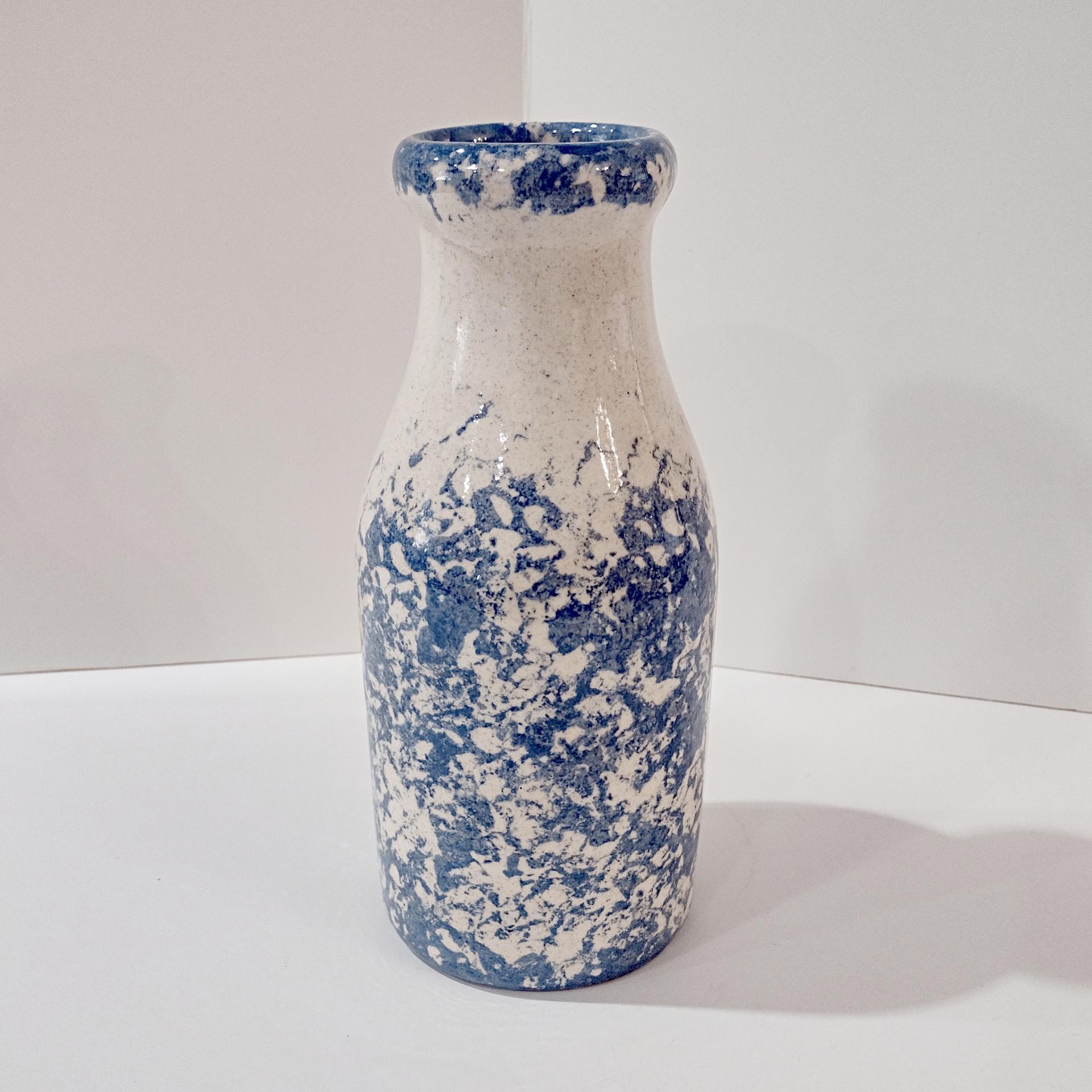 Vintage Blue Spongeware Heart Ceramic Milk Bottle Vase