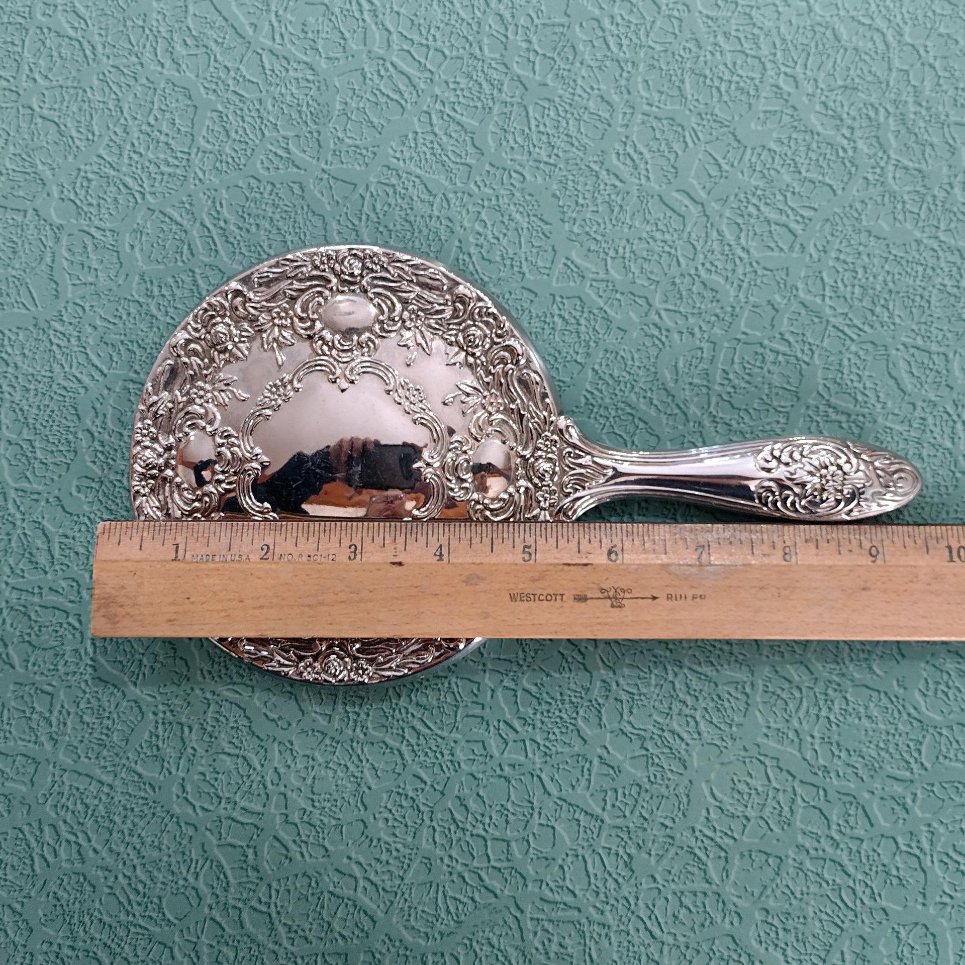 Vintage 1940's Silver Plated Vanity Hand Mirror and Brush Set, Towle Silversmiths Old Master Pattern