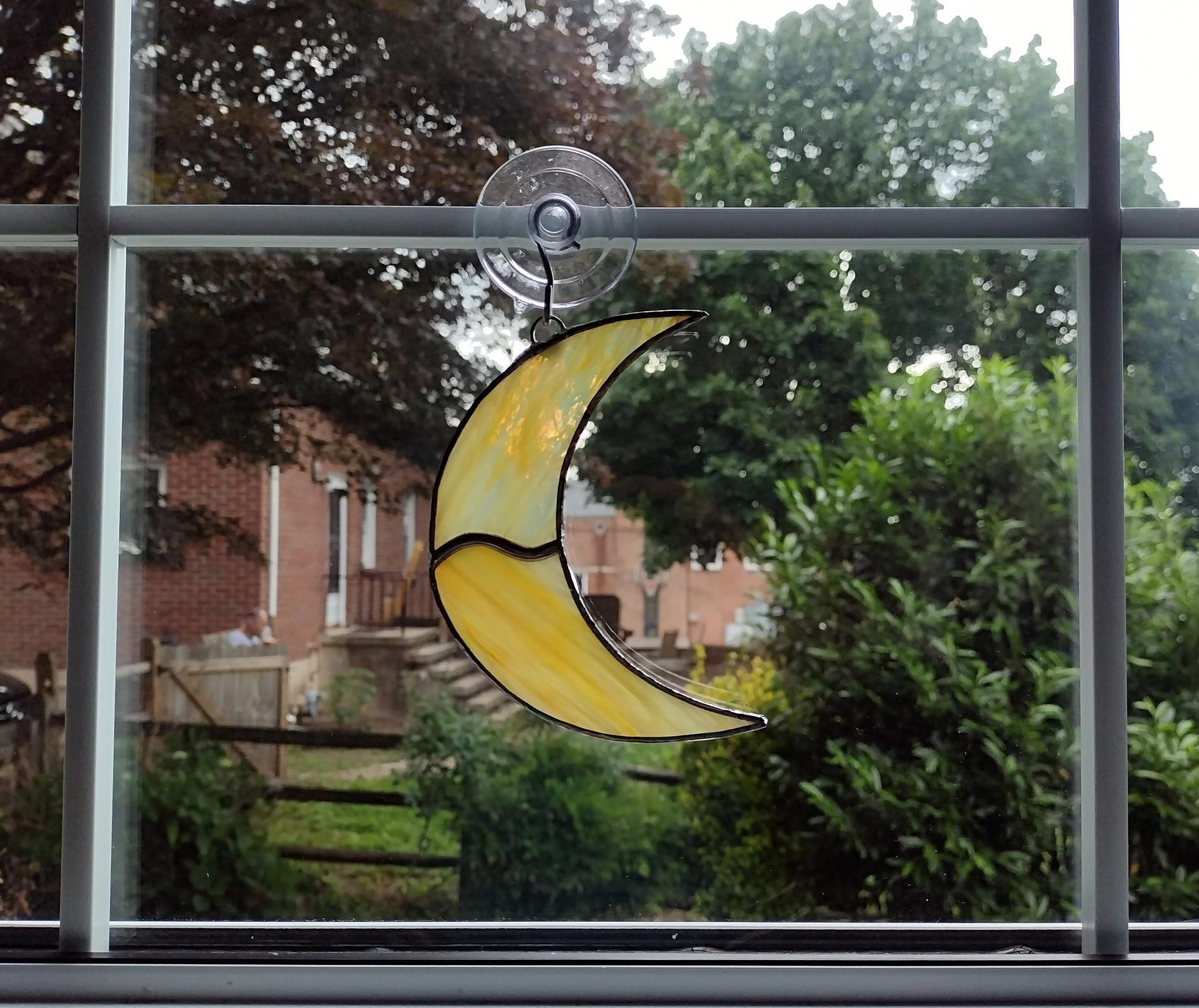 Crescent Moon Stained Glass Suncatcher, Yellow Swirled Corsica Glass