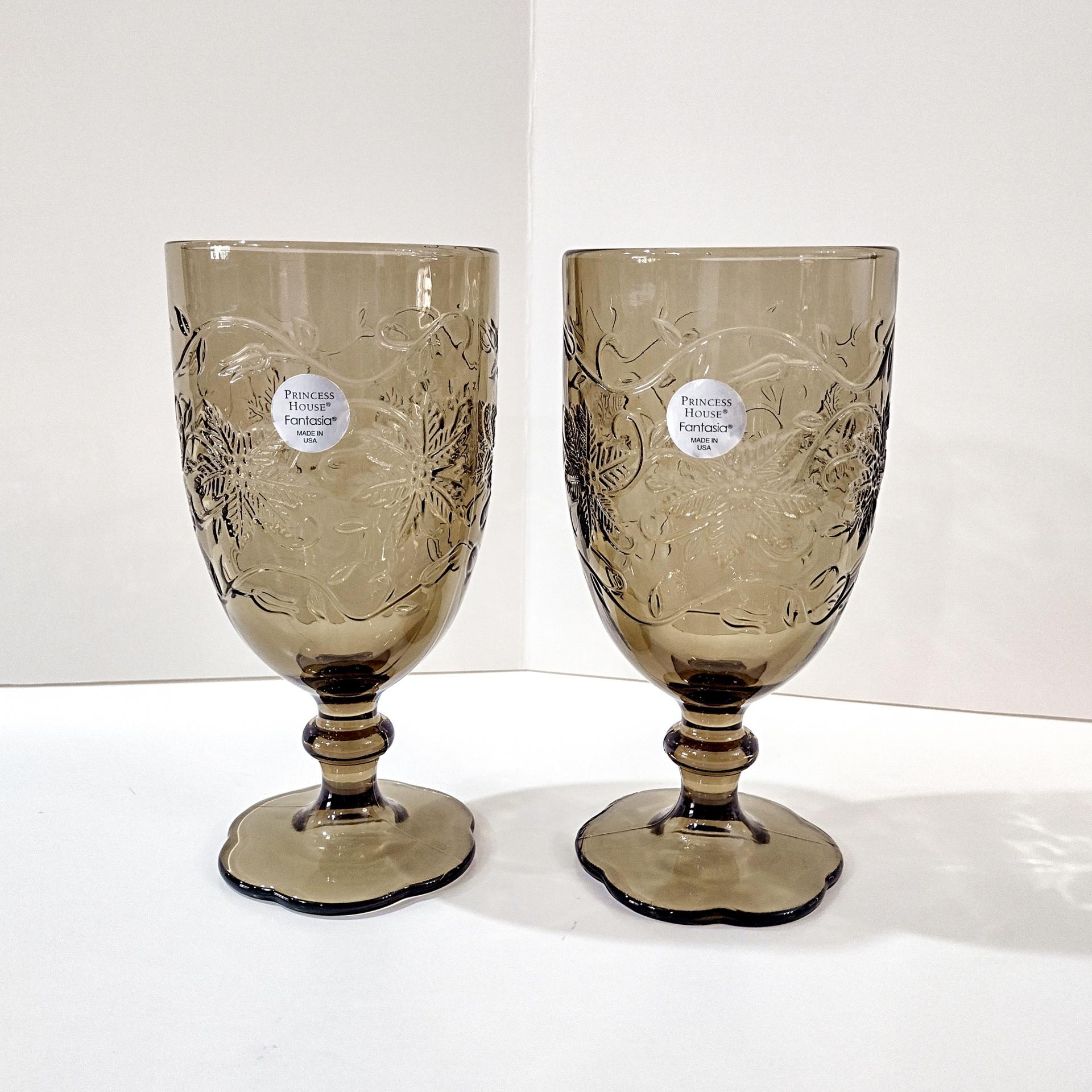 Vintage NEW Princess House Fantasia Mocha Iced Tea Glasses, Amber Smoky Brown Floral Glass Goblets, Set of Two