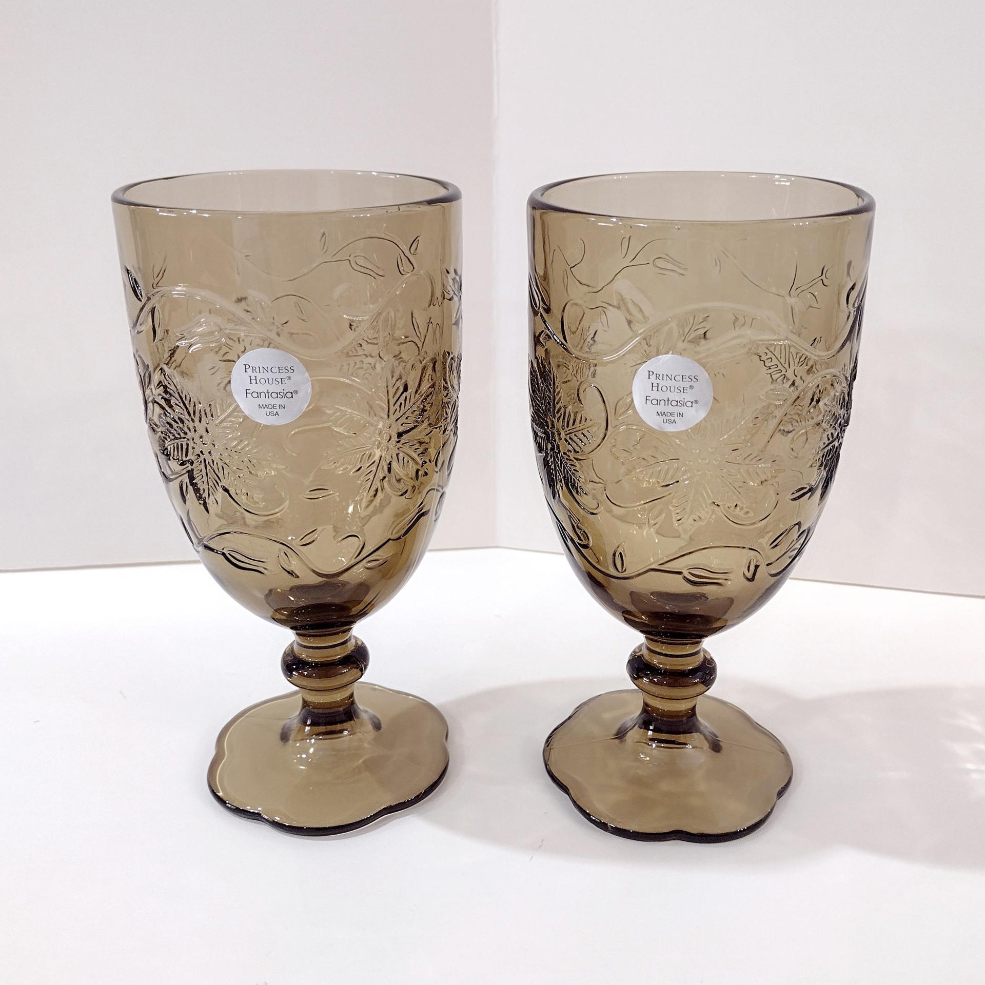 Vintage NEW Princess House Fantasia Mocha Iced Tea Glasses, Amber Smoky Brown Floral Glass Goblets, Set of Two
