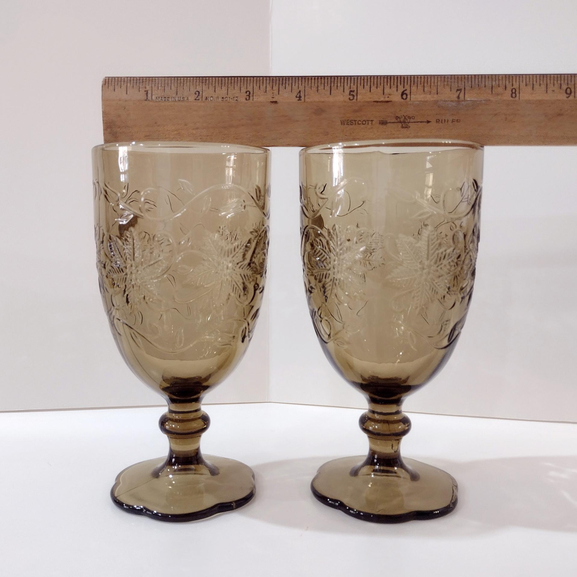 Vintage NEW Princess House Fantasia Mocha Iced Tea Glasses, Amber Smoky Brown Floral Glass Goblets, Set of Two