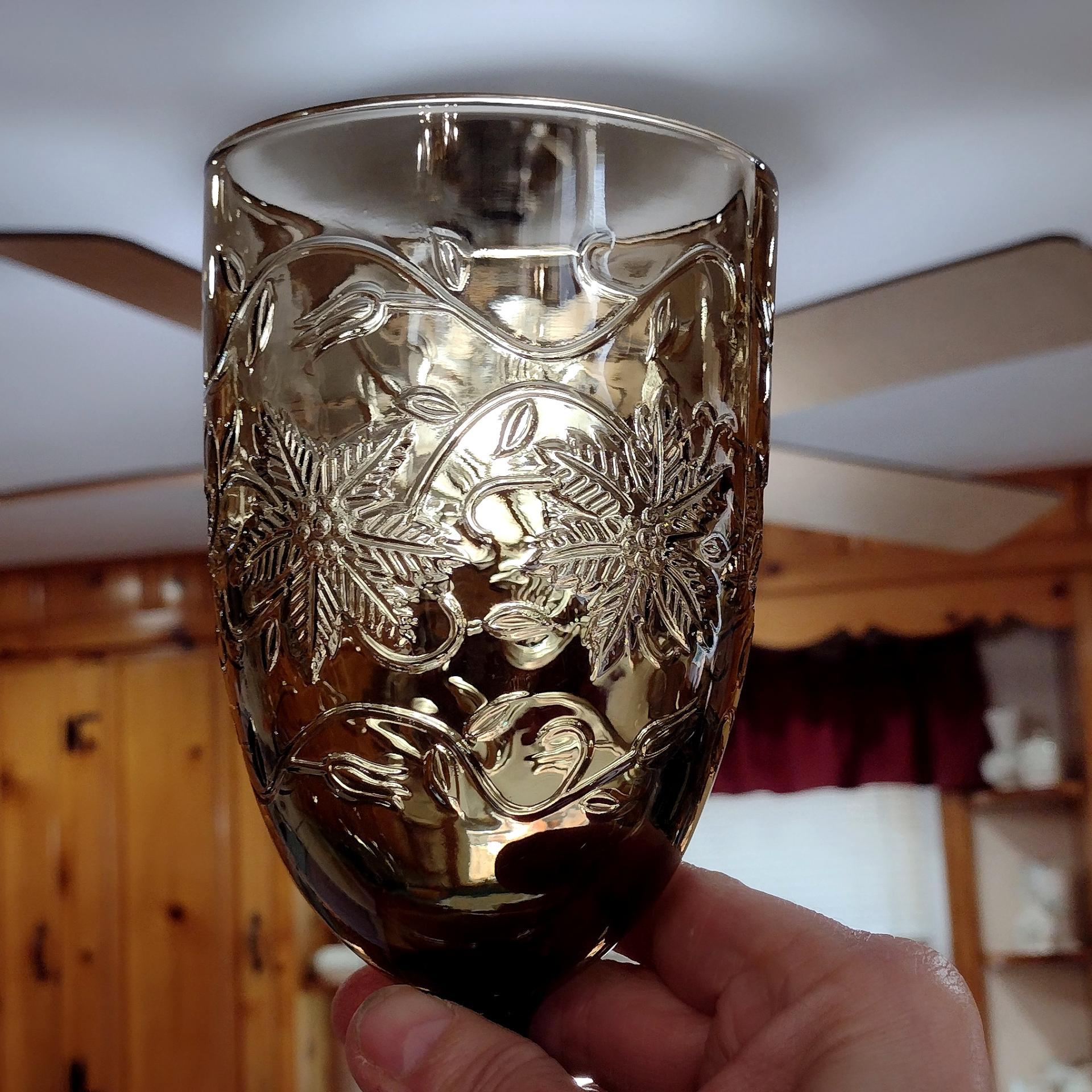 Vintage NEW Princess House Fantasia Mocha Iced Tea Glasses, Amber Smoky Brown Floral Glass Goblets, Set of Two