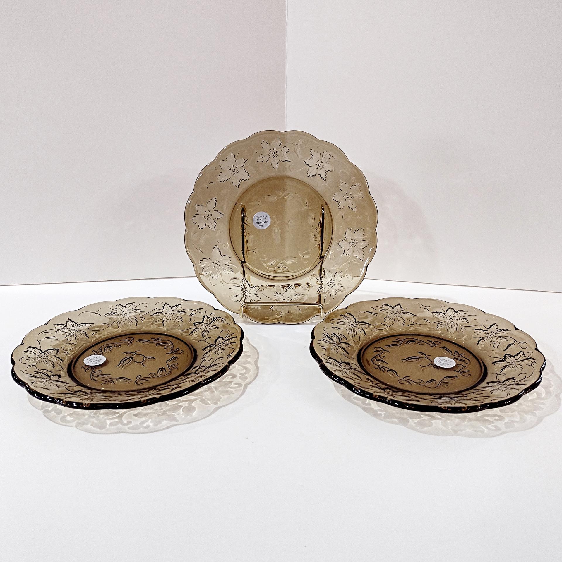 Vintage NEW Princess House Fantasia Mocha Plates, Amber Brown Floral Glass Salad Dessert Luncheon Plates, Set of Three