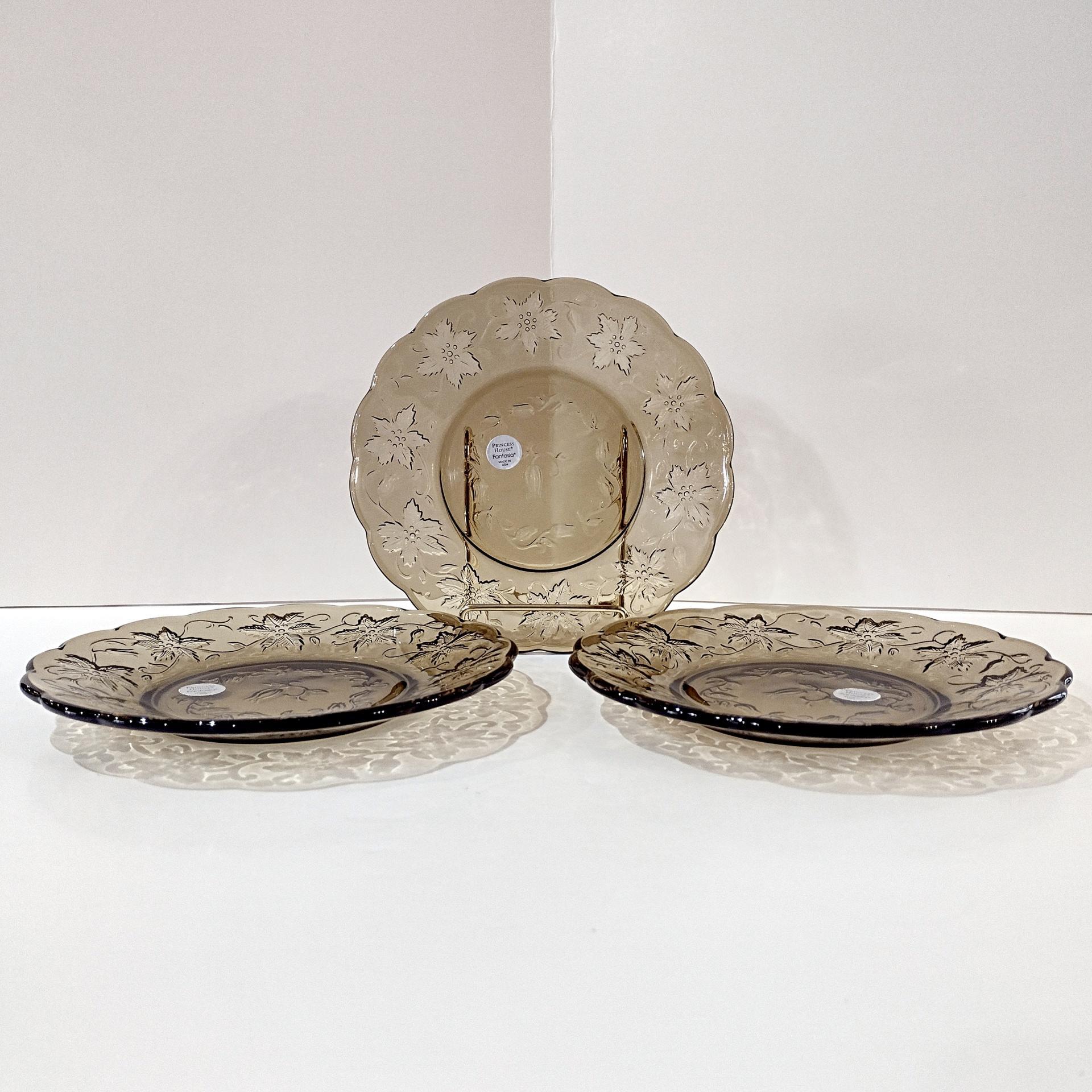 Vintage NEW Princess House Fantasia Mocha Plates, Amber Brown Floral Glass Salad Dessert Luncheon Plates, Set of Three
