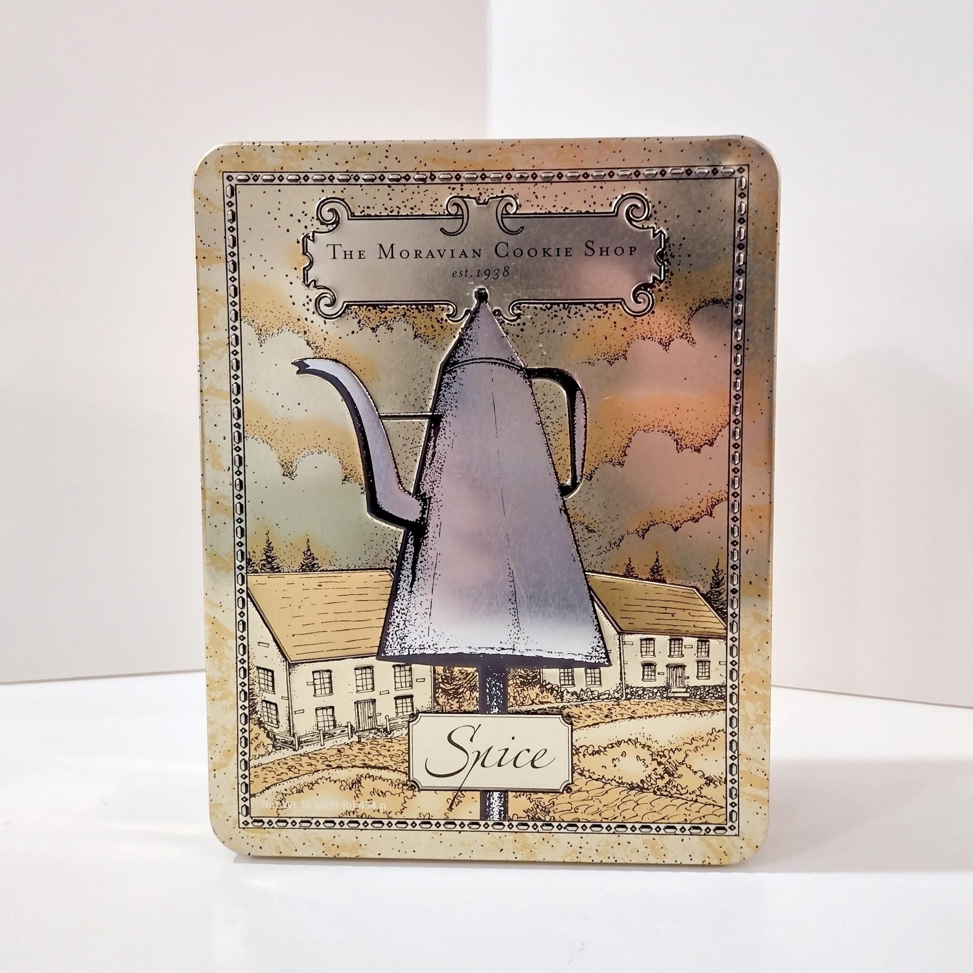 Vintage Famous Moravian Cookie Company Spice Cookie Tin, Wilkerson Bakery Old Winston Salem North Carolina Mickey Coffee Pot Tin Container