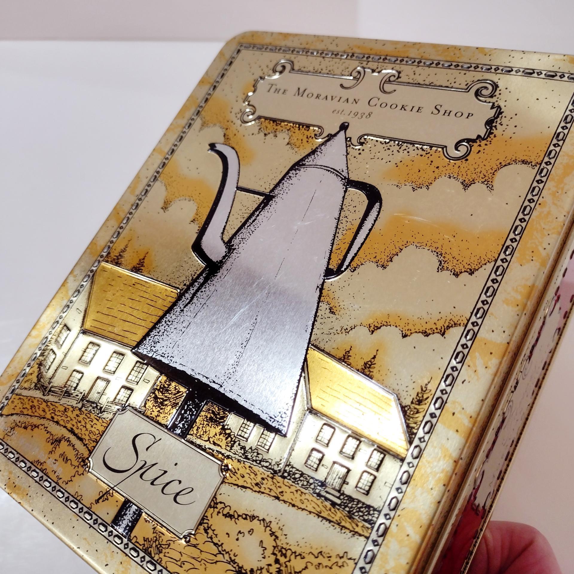 Vintage Famous Moravian Cookie Company Spice Cookie Tin, Wilkerson Bakery Old Winston Salem North Carolina Mickey Coffee Pot Tin Container