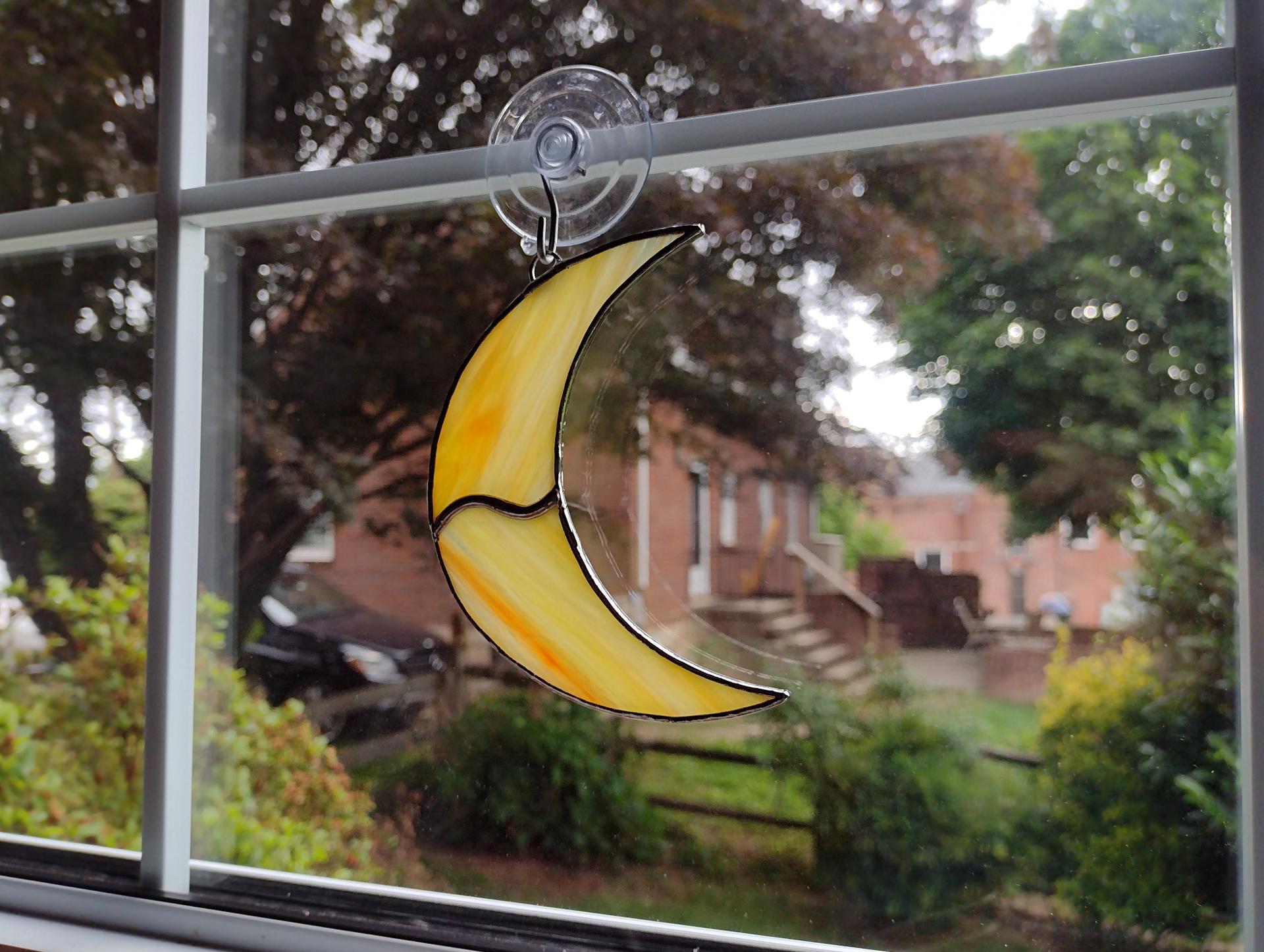 Crescent Moon Stained Glass Suncatcher, Yellow and Orange Swirled Corsica Glass