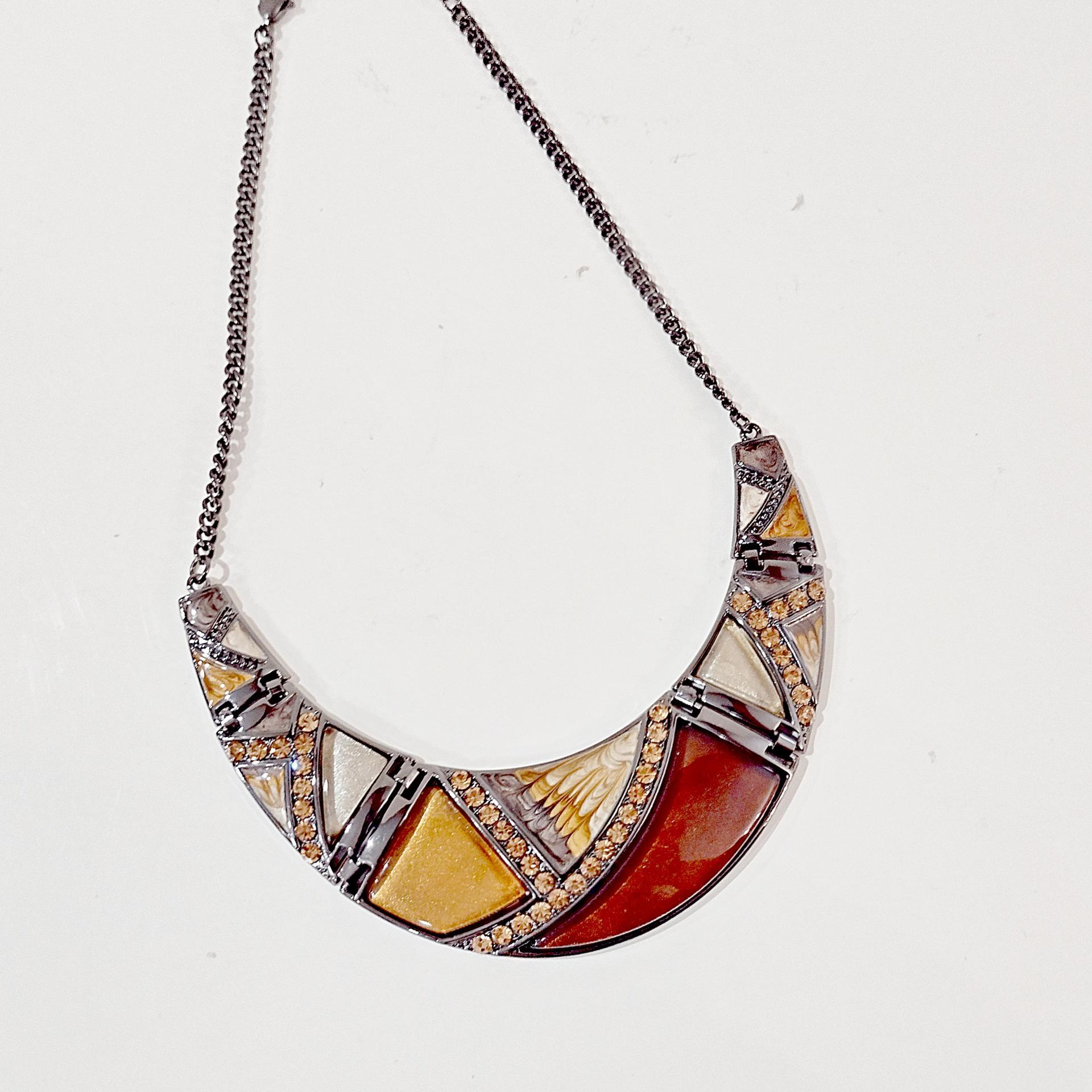 Vintage Enamel and Rhinestone Crescent Moon Metal Necklace, Brown and Amber Earth Tone Statement Necklace