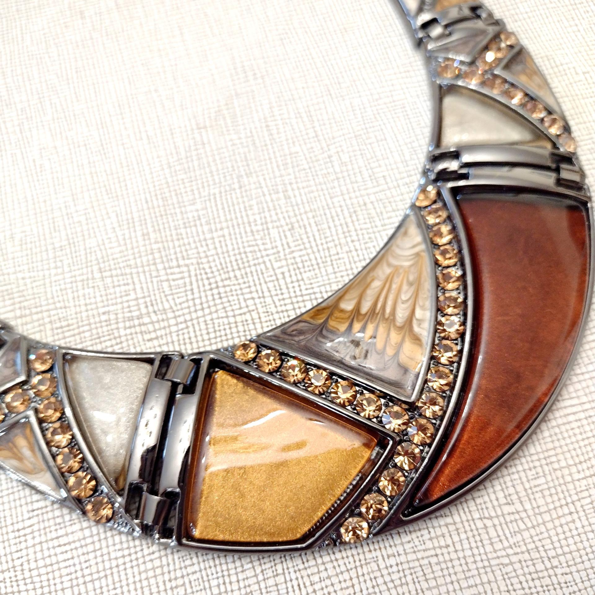 Vintage Enamel and Rhinestone Crescent Moon Metal Necklace, Brown and Amber Earth Tone Statement Necklace