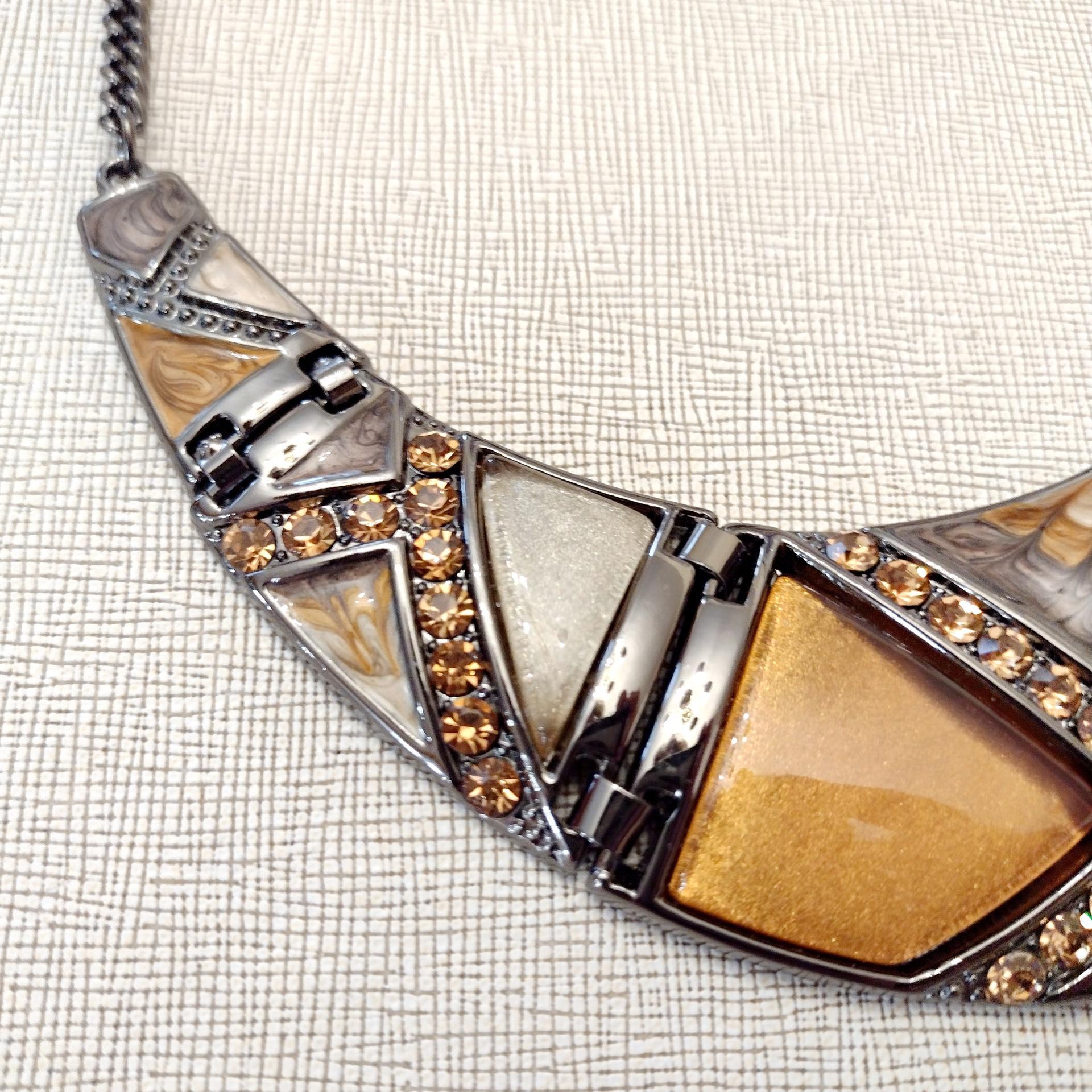 Vintage Enamel and Rhinestone Crescent Moon Metal Necklace, Brown and Amber Earth Tone Statement Necklace