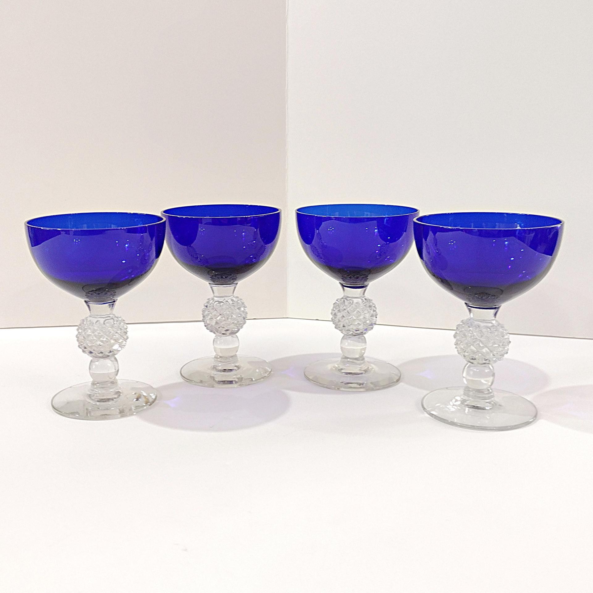 Vintage Morgantown Cobalt Blue Golf Ball Champagne Wine Tall Sherbet Glasses, Set of 4, Ritz Blue Coupe Glasses