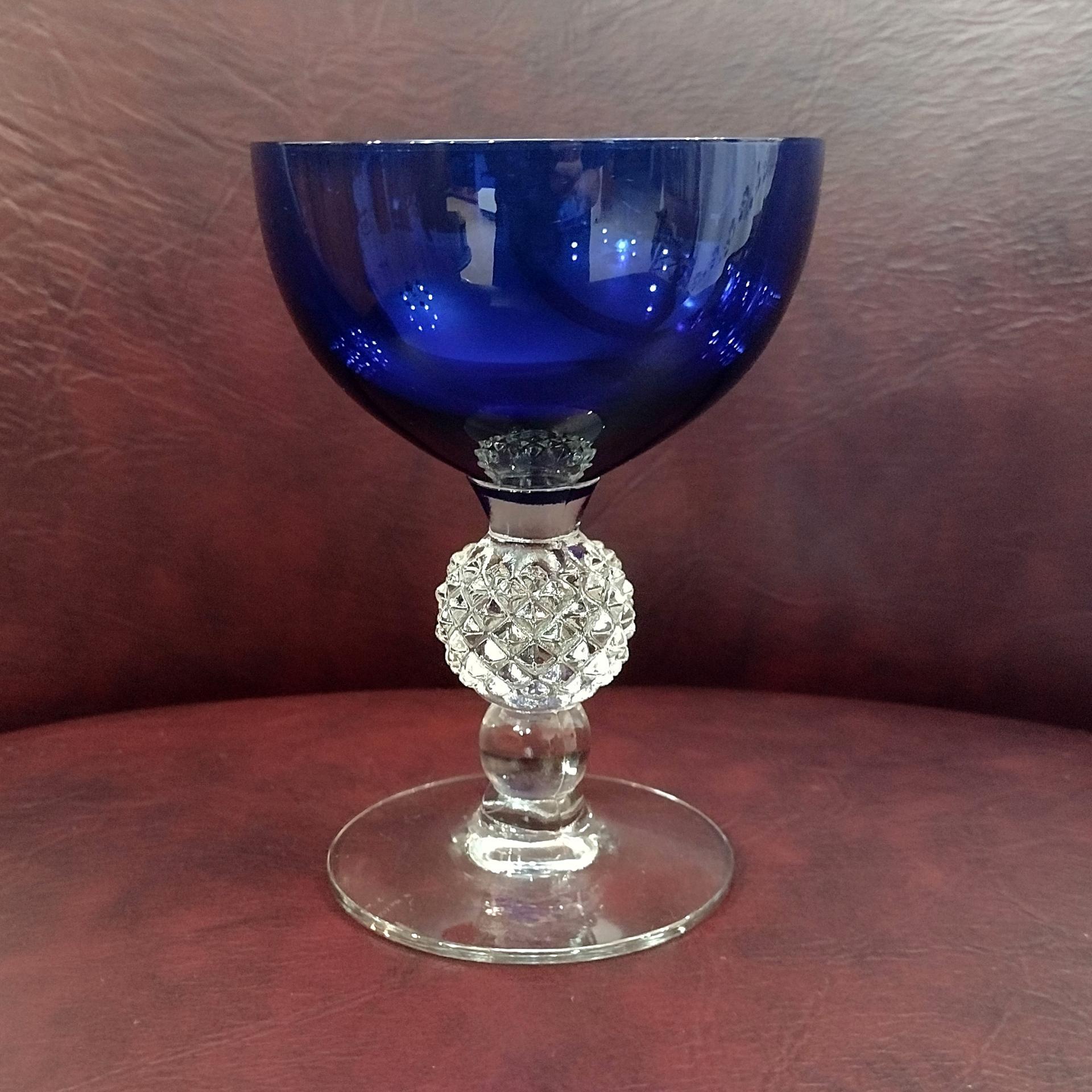 Vintage Morgantown Cobalt Blue Golf Ball Champagne Wine Tall Sherbet Glasses, Set of 4, Ritz Blue Coupe Glasses