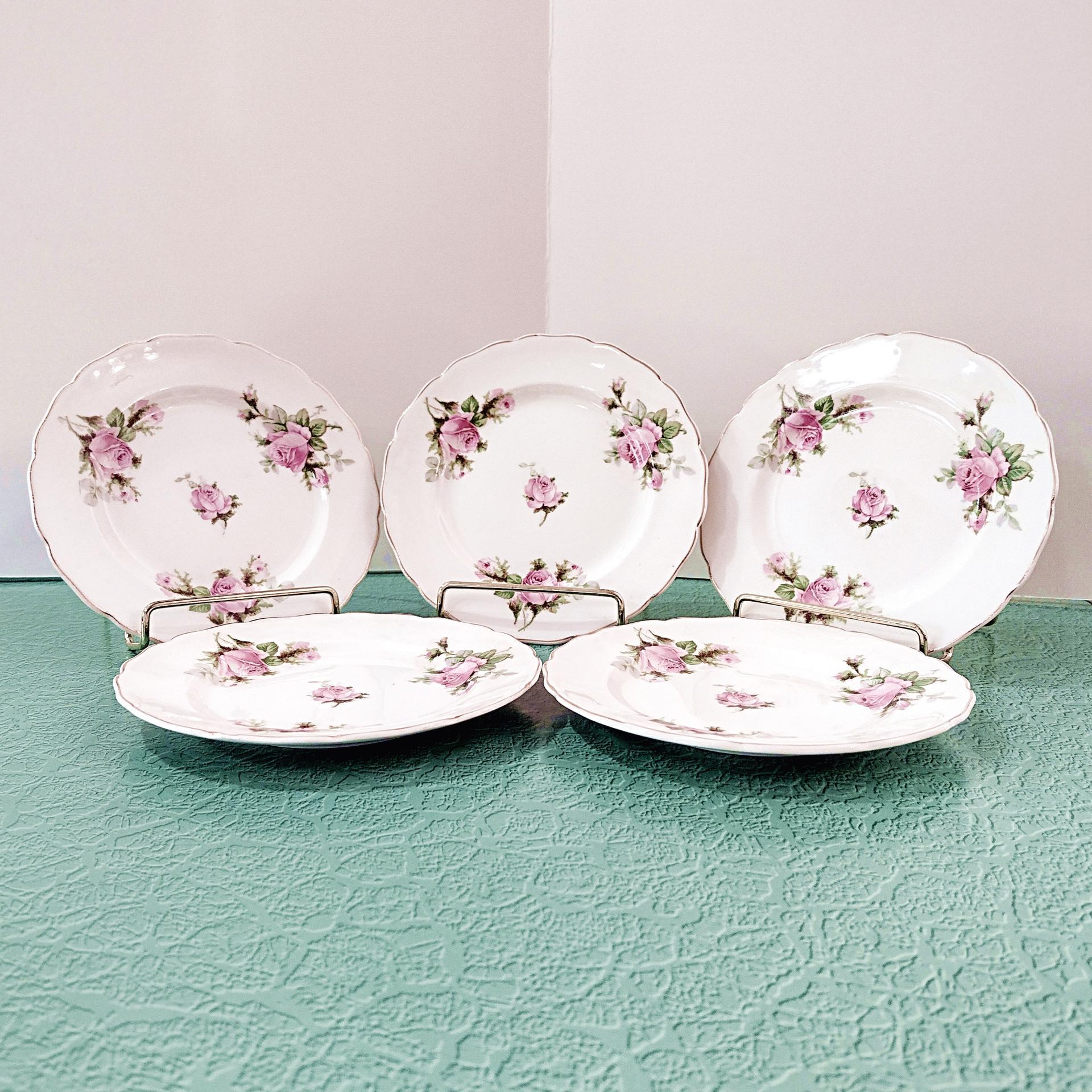 Vintage Canonsburg Moss Rose Bread Appetizer Plates, Set of 5, Pink Floral MCM Plates