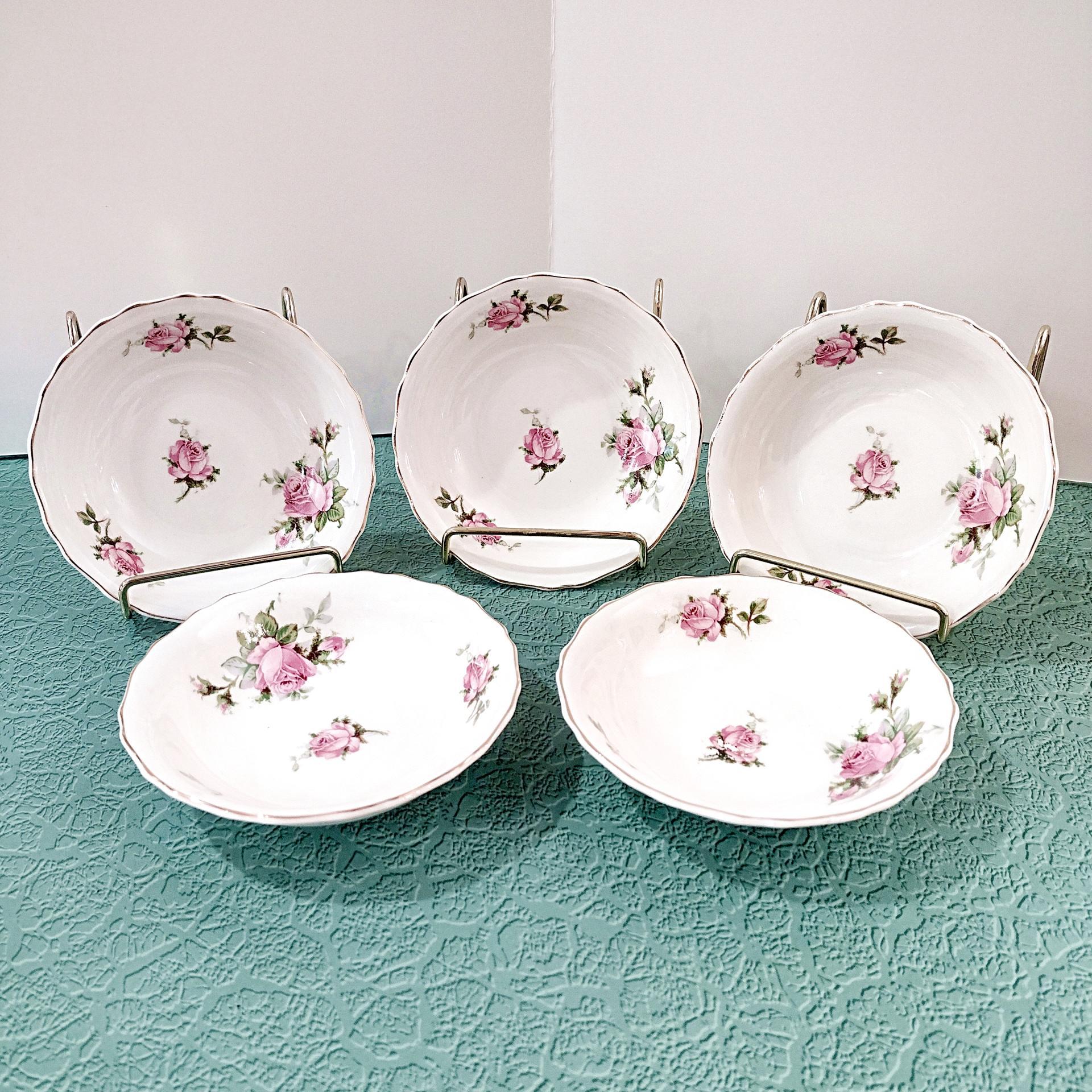 Vintage Canonsburg Moss Rose Dessert Fruit Bowls, Set of 5, MCM Pink Floral Trinket Jewelry Soap Dishes