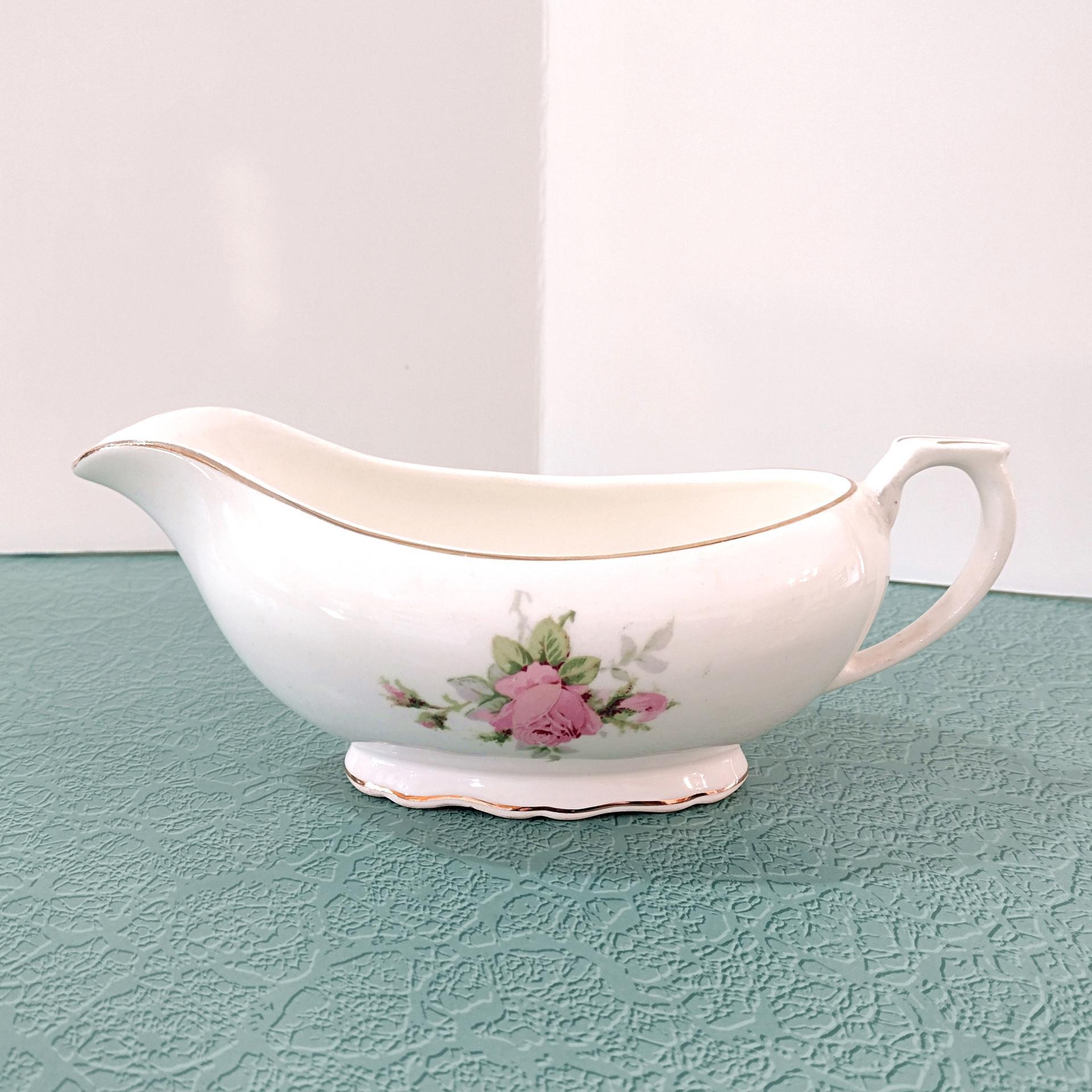 Vintage Canonsburg Moss Rose Gravy Boat Pitcher, MCM Pink Floral Sauce Boat