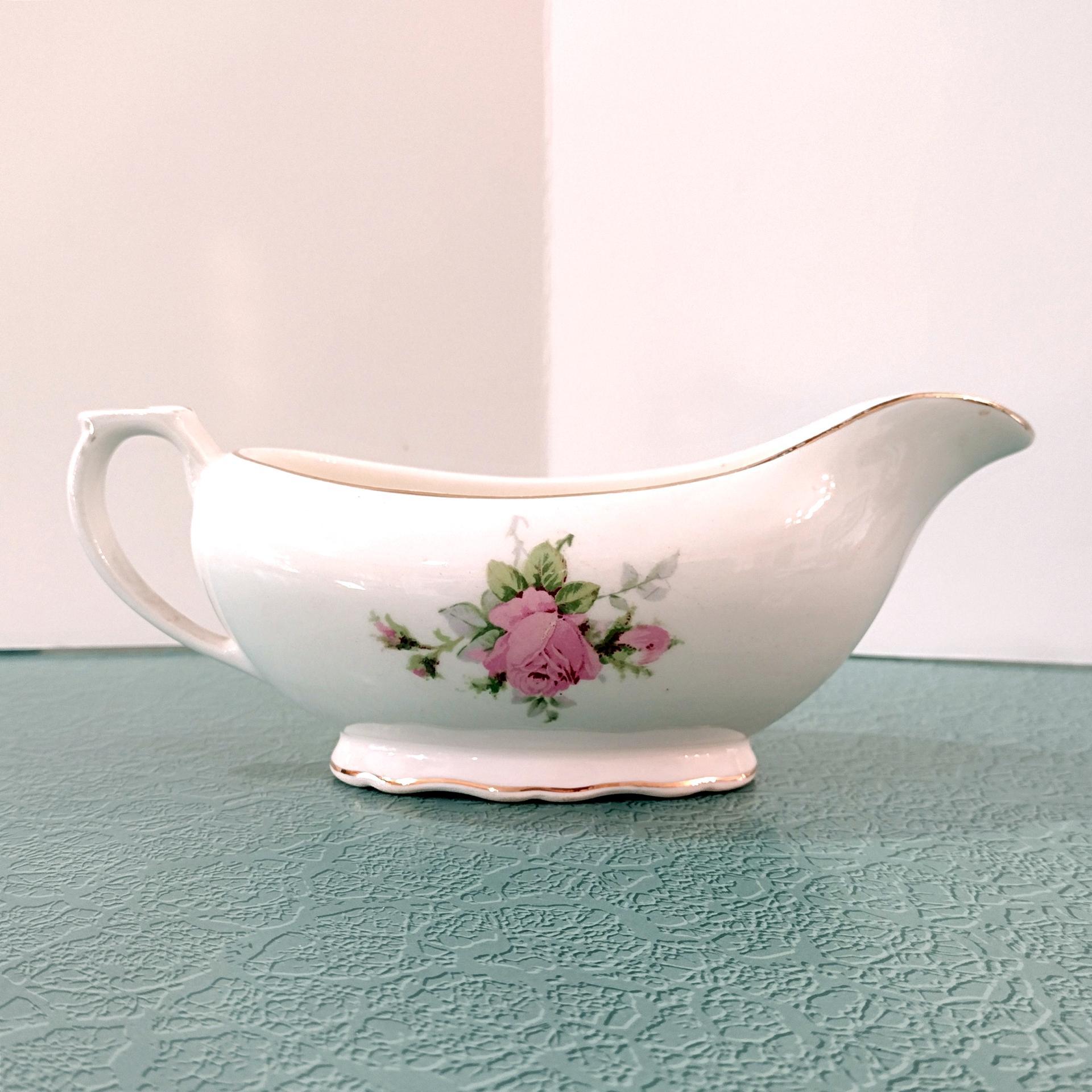 Vintage Canonsburg Moss Rose Gravy Boat Pitcher, MCM Pink Floral Sauce Boat