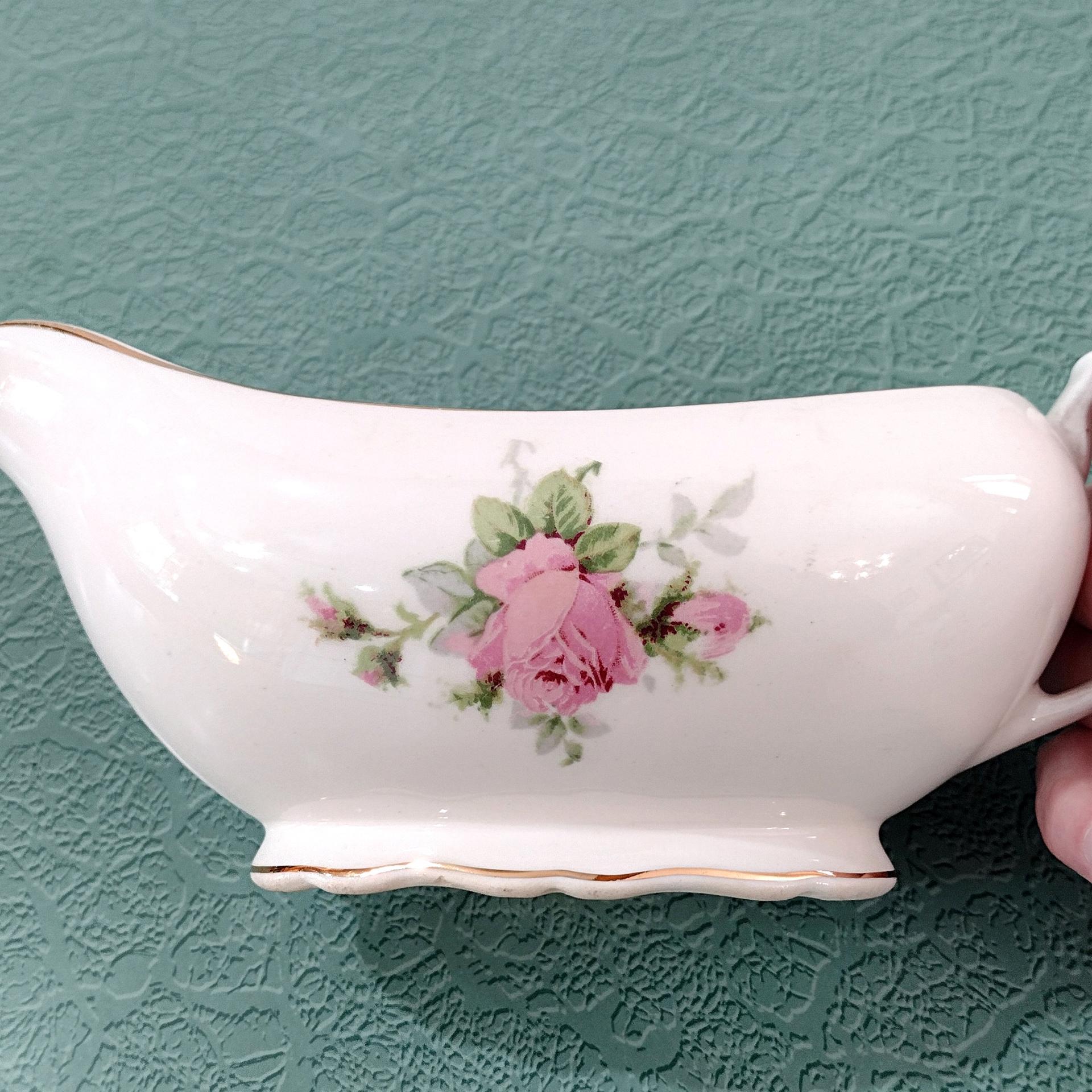 Vintage Canonsburg Moss Rose Gravy Boat Pitcher, MCM Pink Floral Sauce Boat