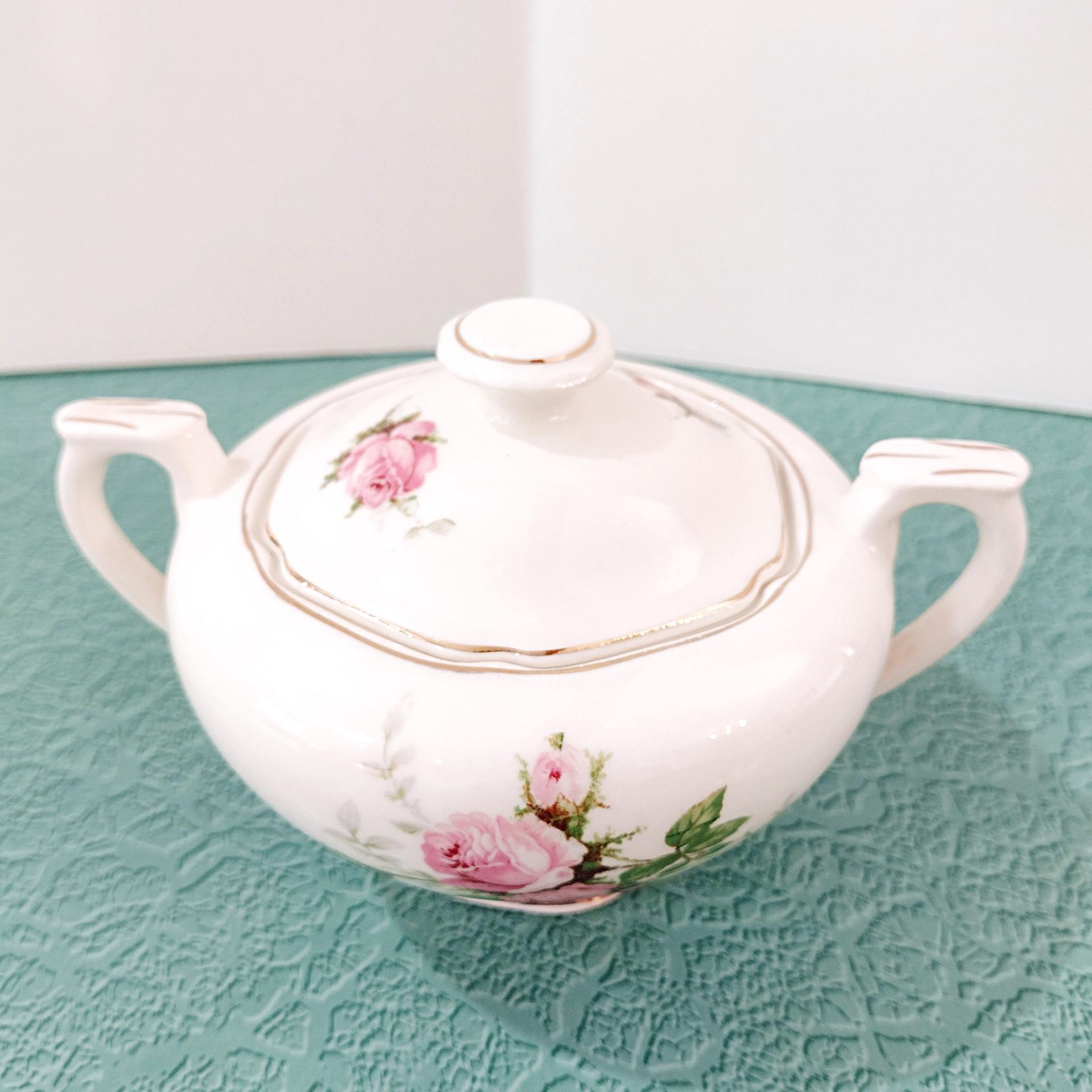 Vintage Canonsburg Moss Rose Covered Sugar Bowl, MCM Pink Floral Sugar Bowl