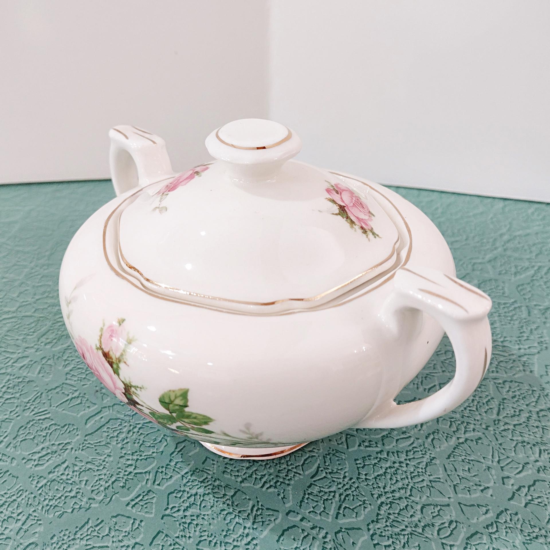 Vintage Canonsburg Moss Rose Covered Sugar Bowl, MCM Pink Floral Sugar Bowl