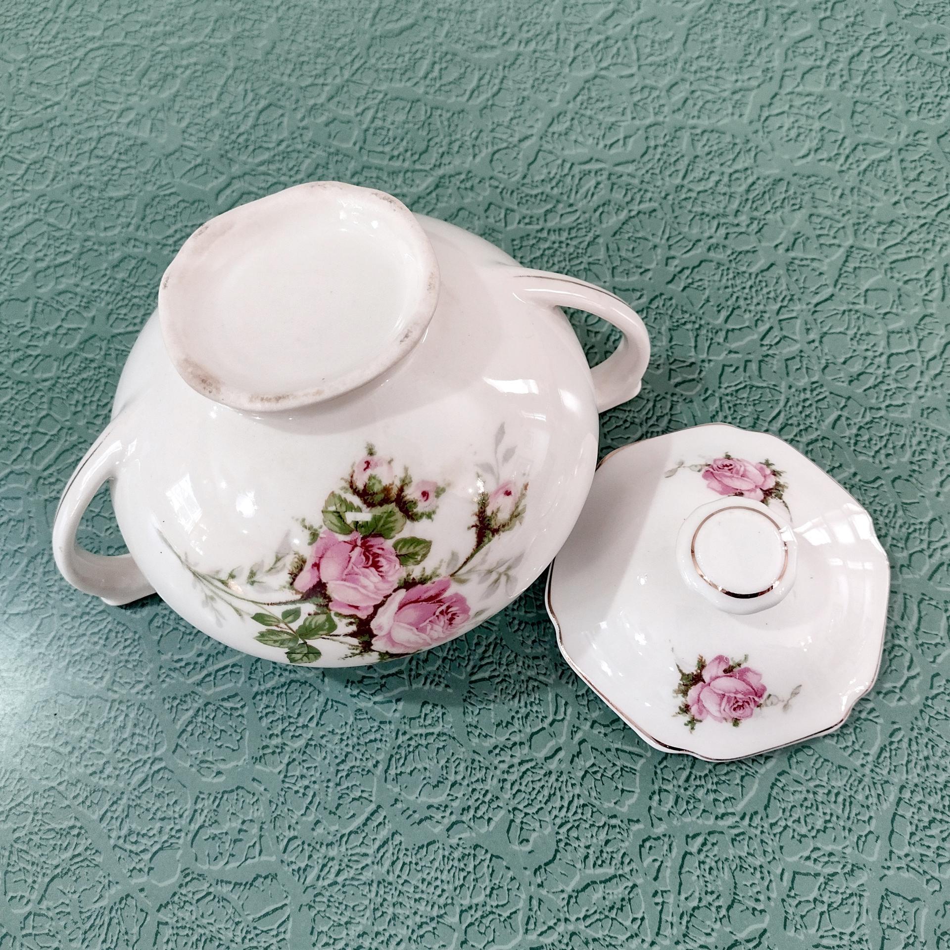 Vintage Canonsburg Moss Rose Covered Sugar Bowl, MCM Pink Floral Sugar Bowl