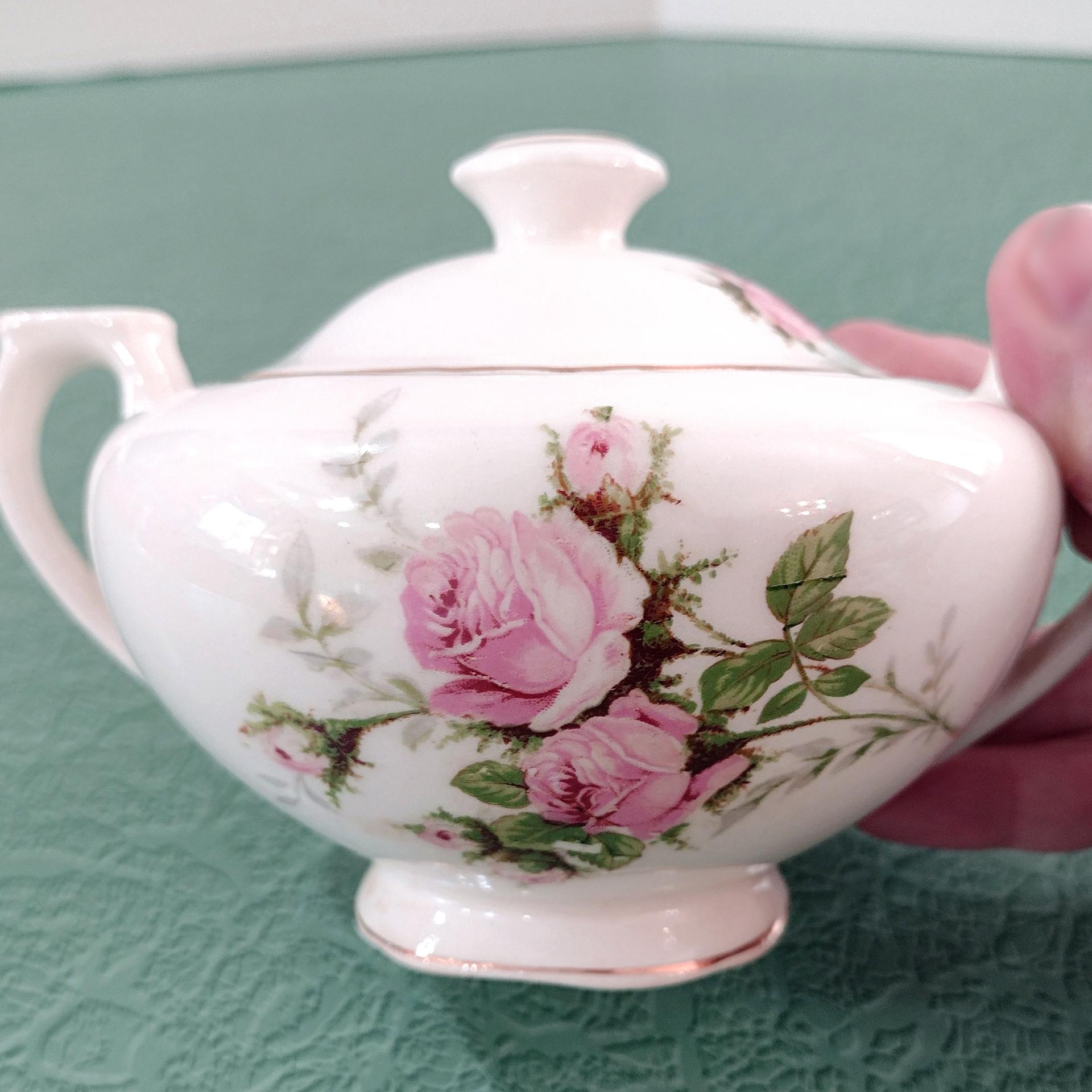 Vintage Canonsburg Moss Rose Covered Sugar Bowl, MCM Pink Floral Sugar Bowl