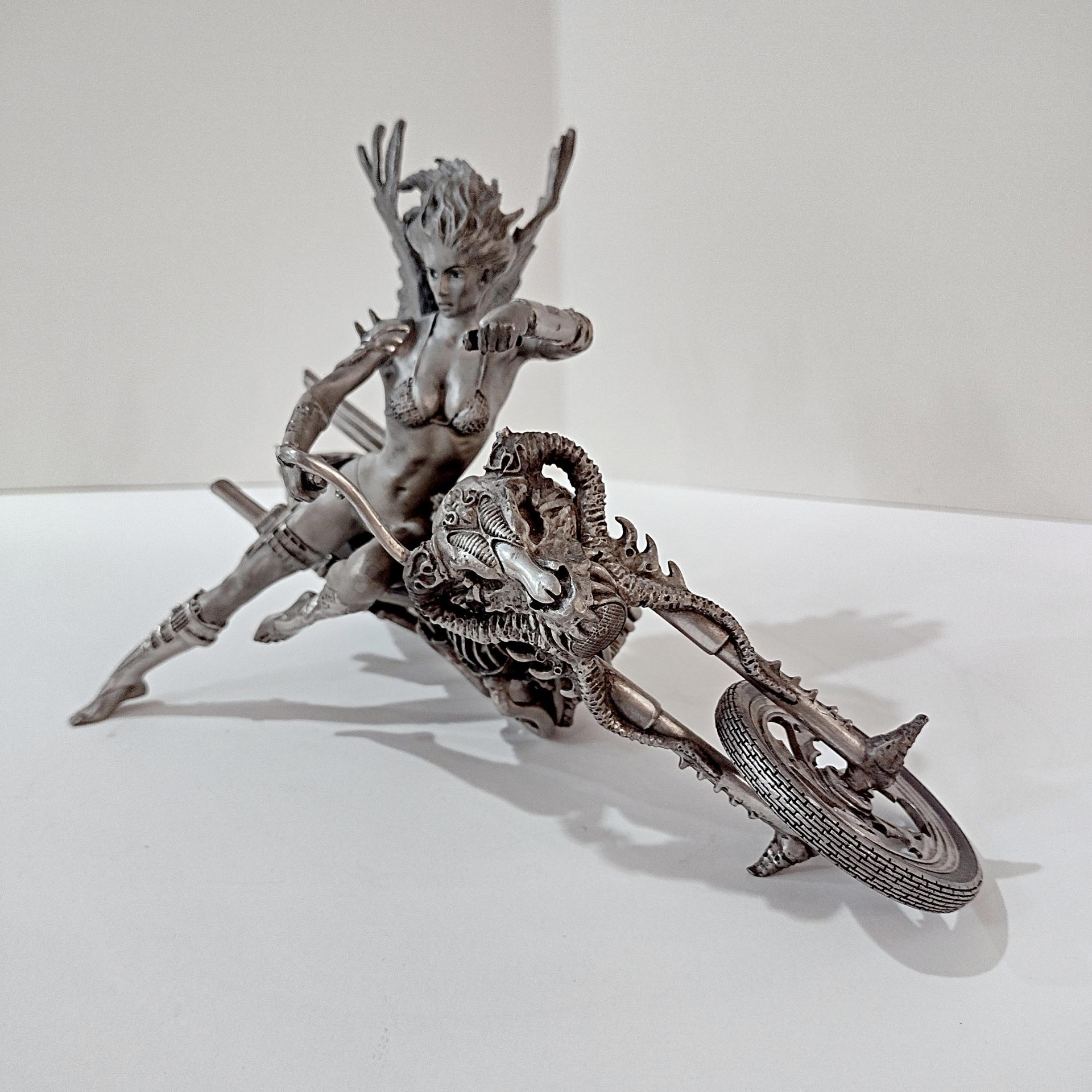 Vintage Franklin Mint Temptation Rides Pewter Statue, Julie Bell 1999 Motorcycle Angel Figurine
