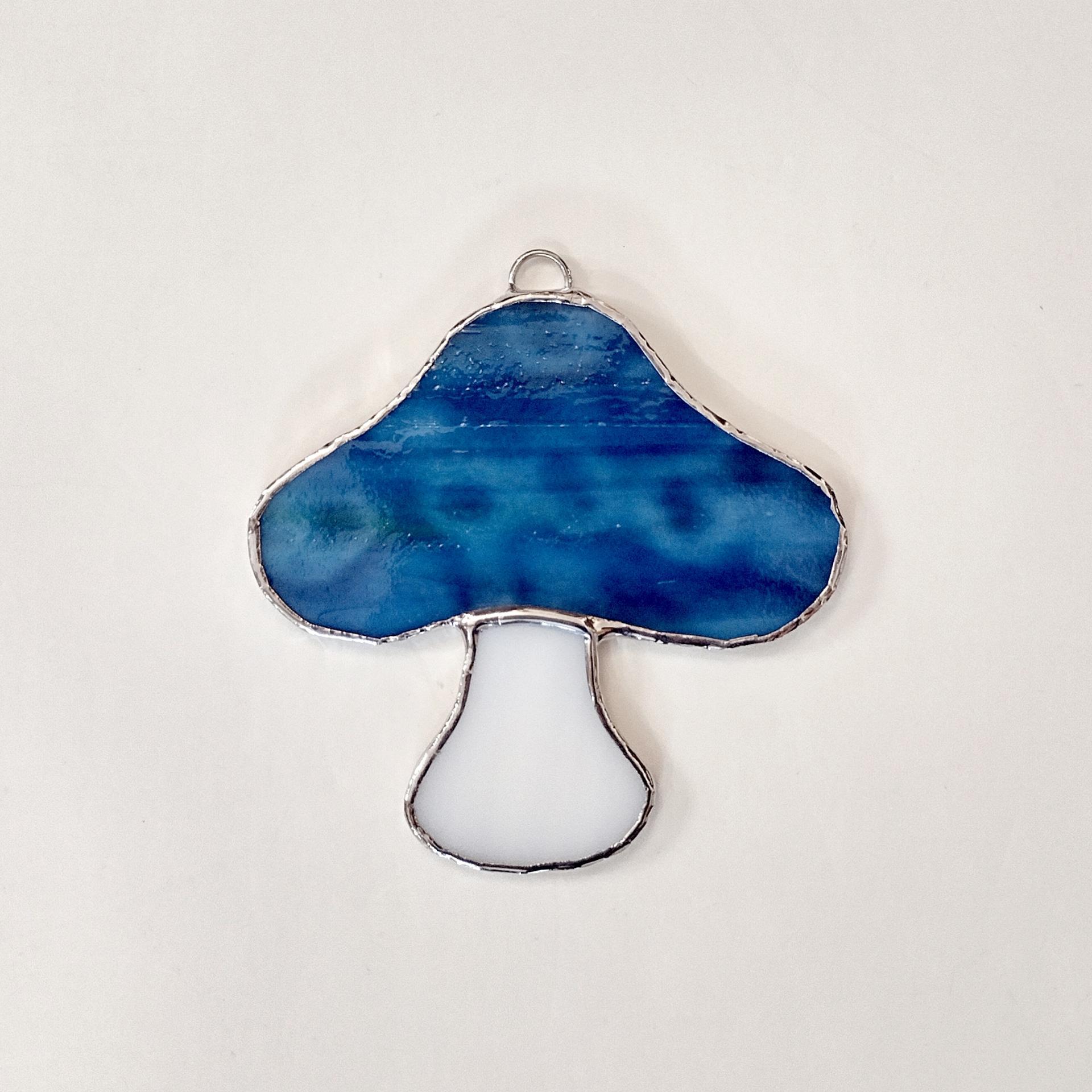 Stained Glass Mushroom Suncatcher, Blue Youghiogheny Glass