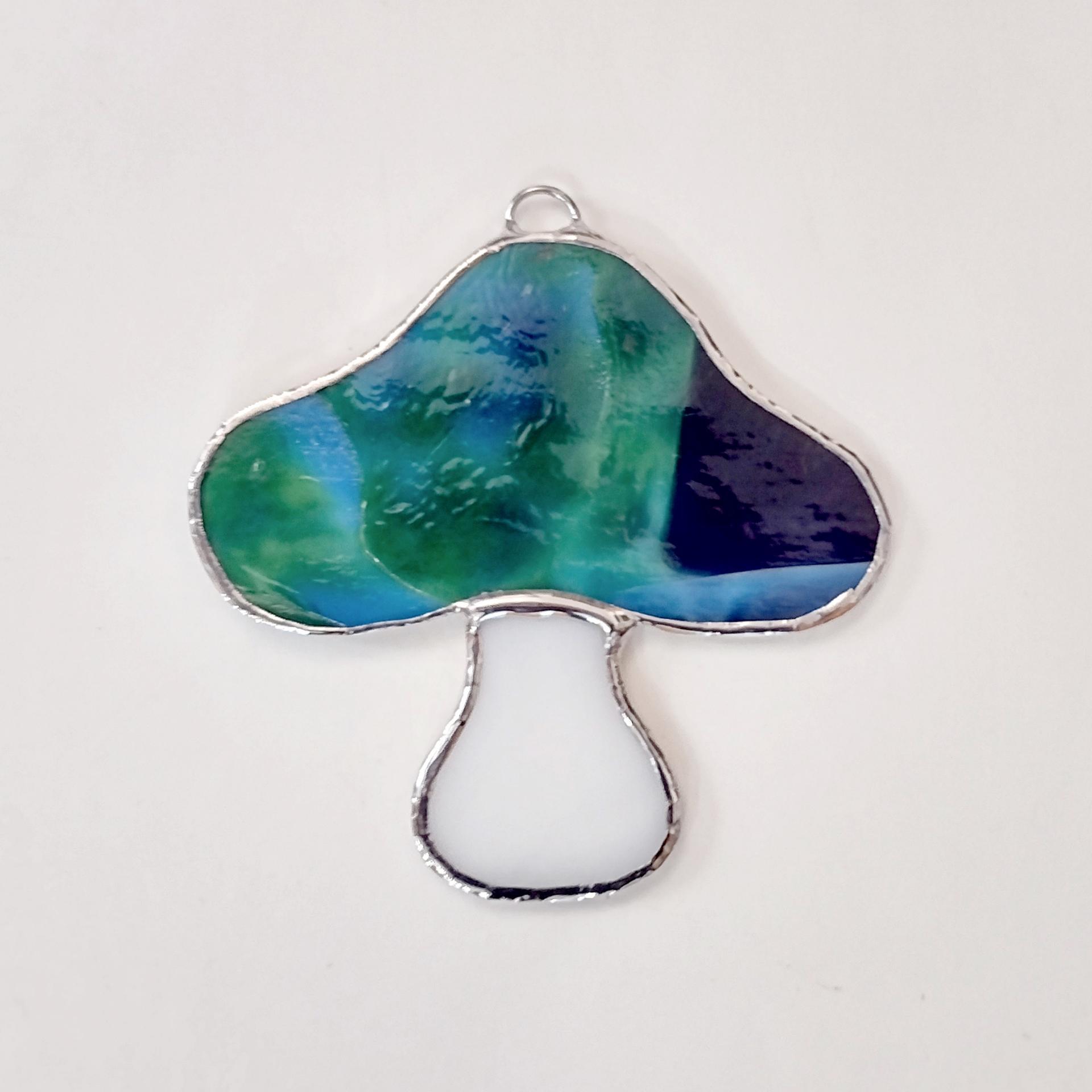 Stained Glass Mushroom Suncatcher, Blue Youghiogheny Glass