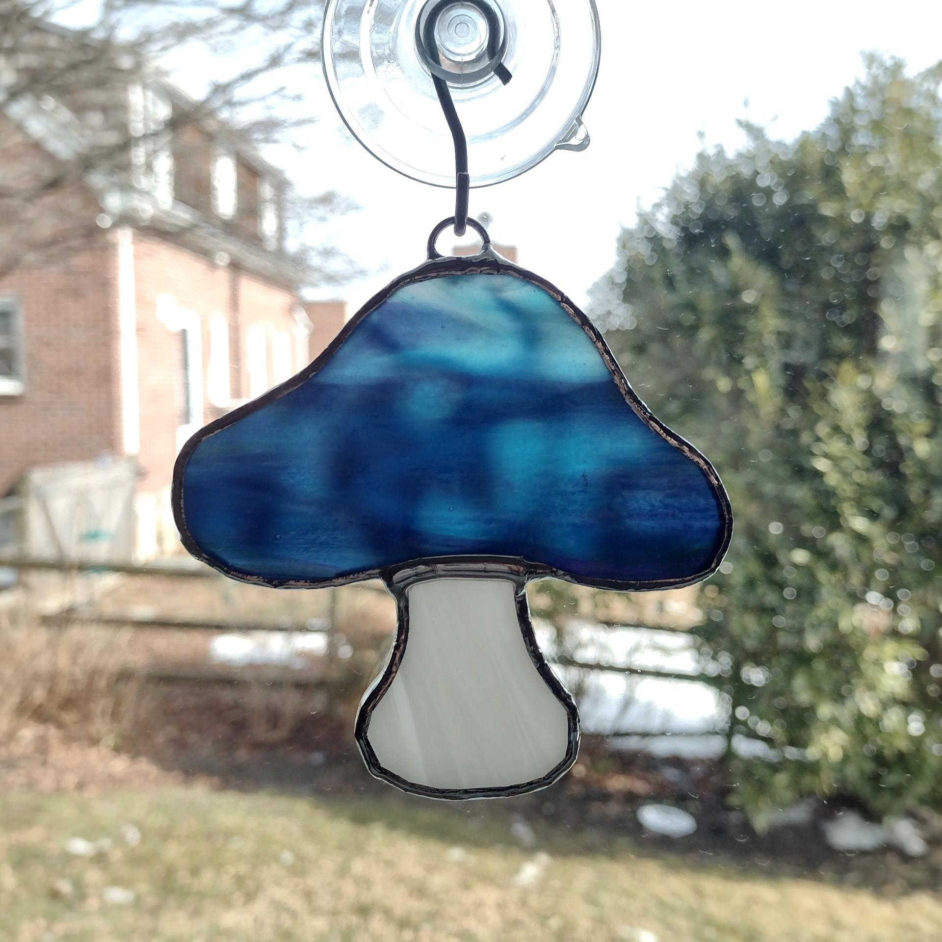 Stained Glass Mushroom Suncatcher, Blue Youghiogheny Glass