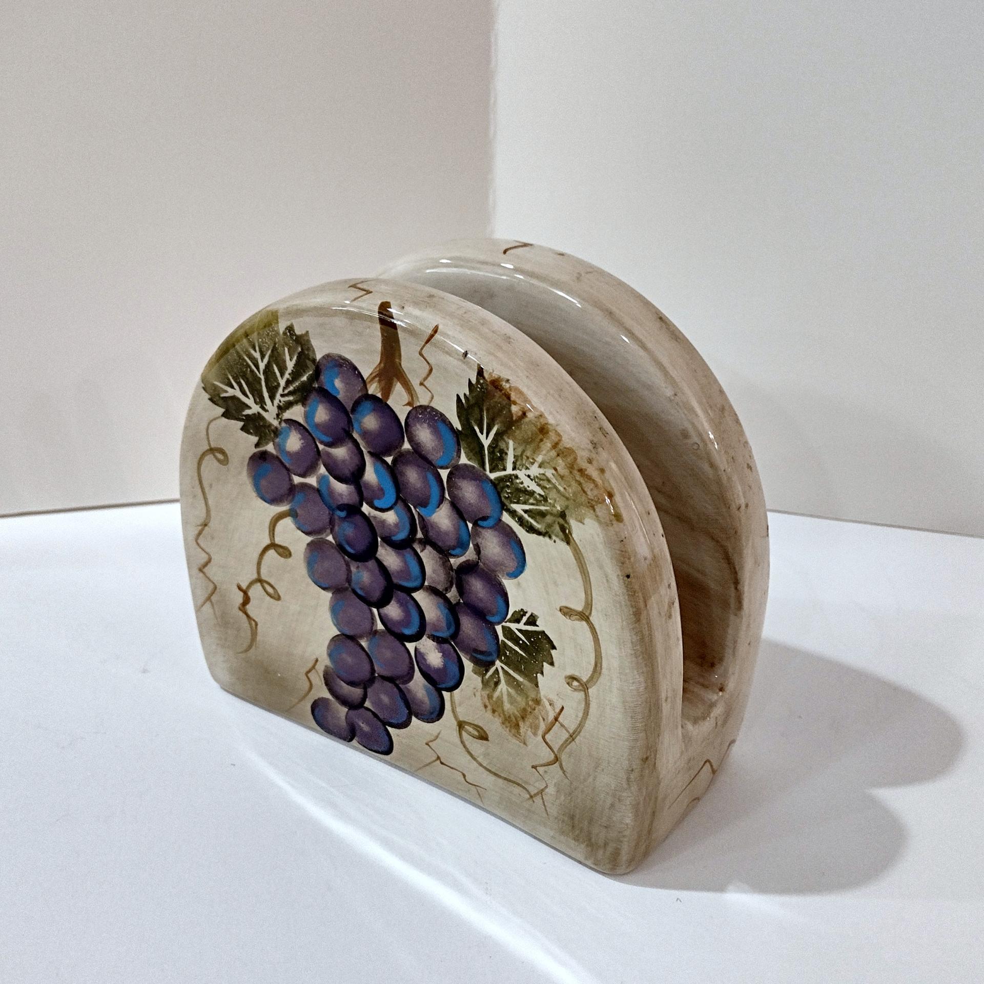 Vintage Purple and Green Grape Cluster Tuscan Style Ceramic Napkin Holder, Hand Painted Pottery