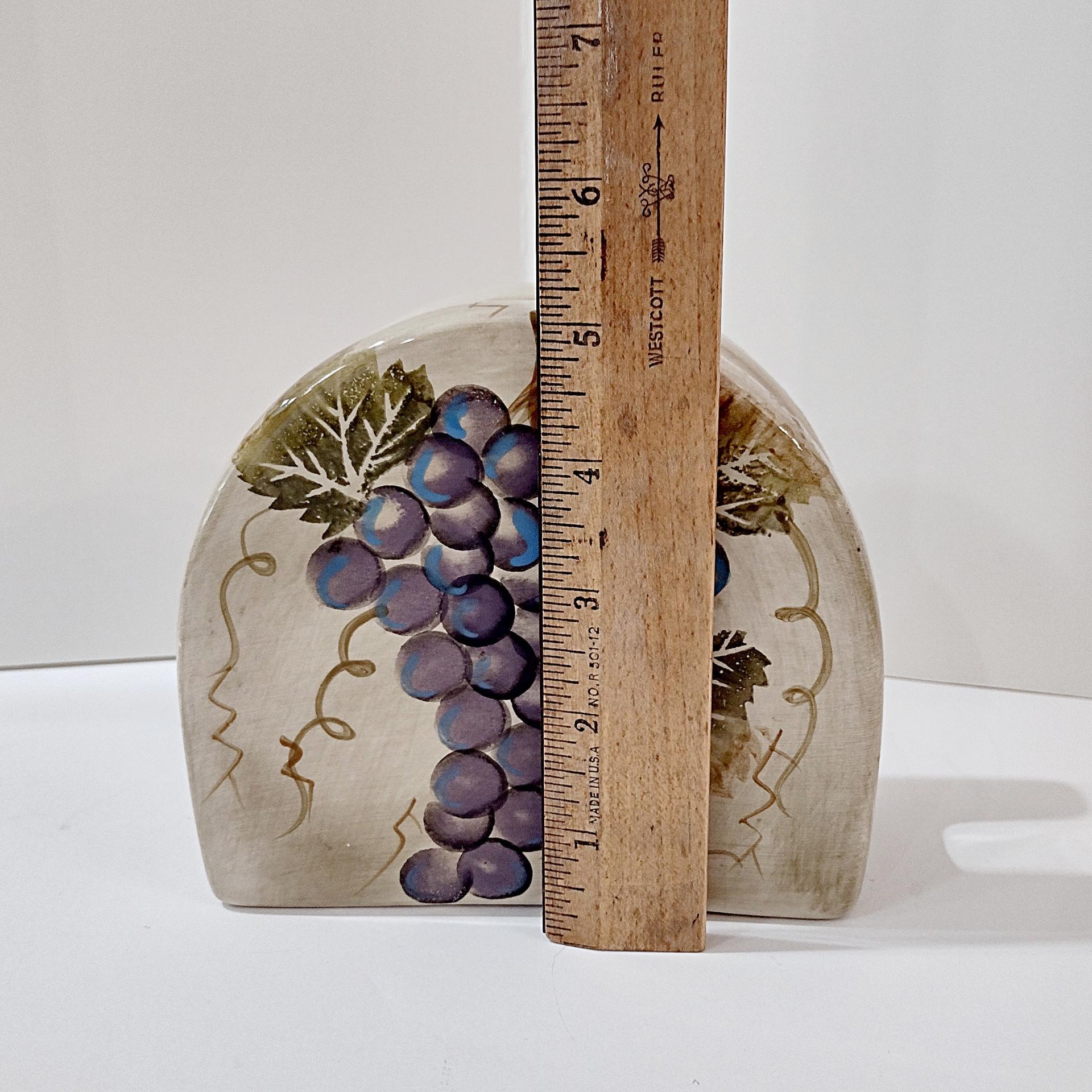 Vintage Purple and Green Grape Cluster Tuscan Style Ceramic Napkin Holder, Hand Painted Pottery