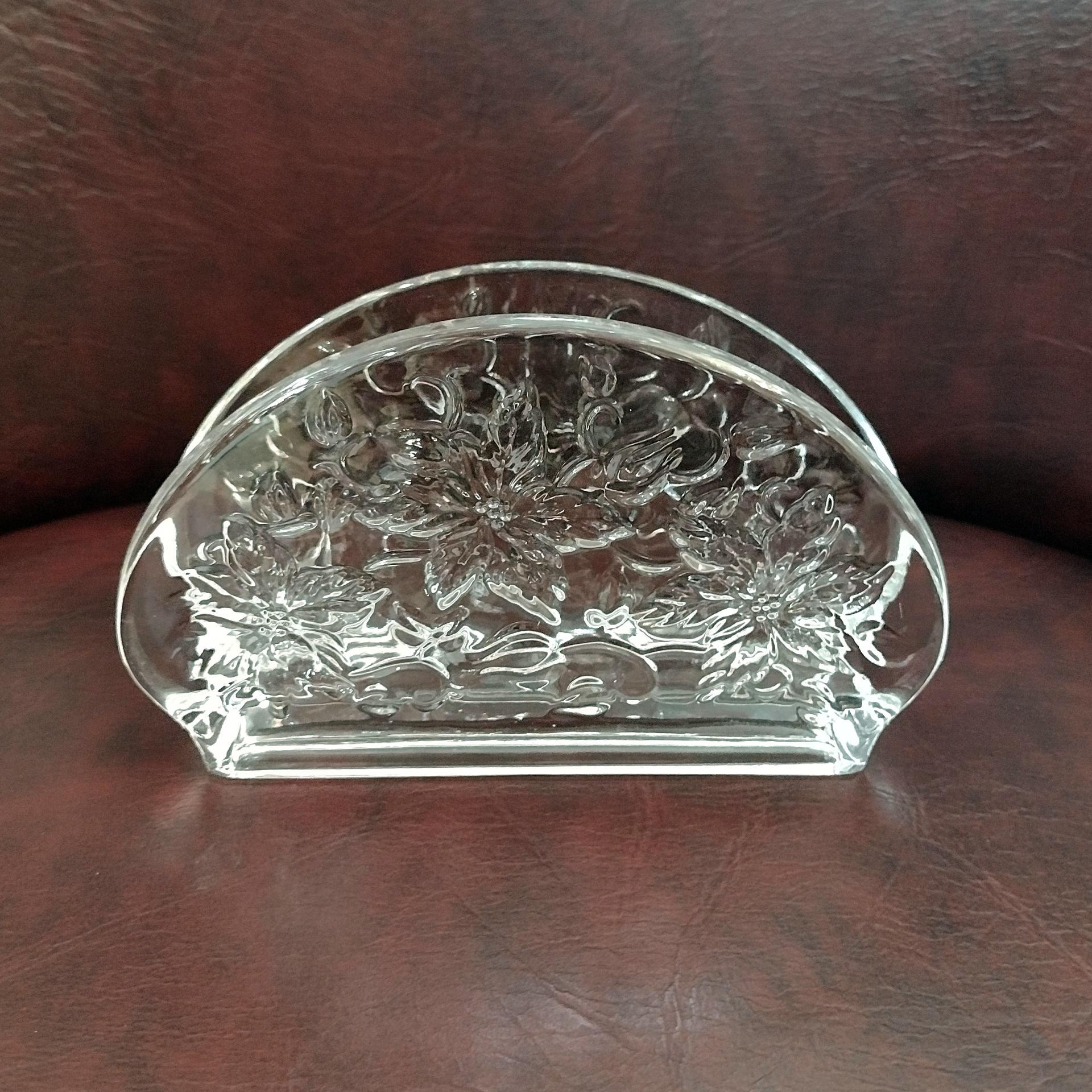 Vintage Princess House Fantasia Floral Pressed Glass Napkin Holder, Poinsettia Flower Desk Letter Holder Organizer
