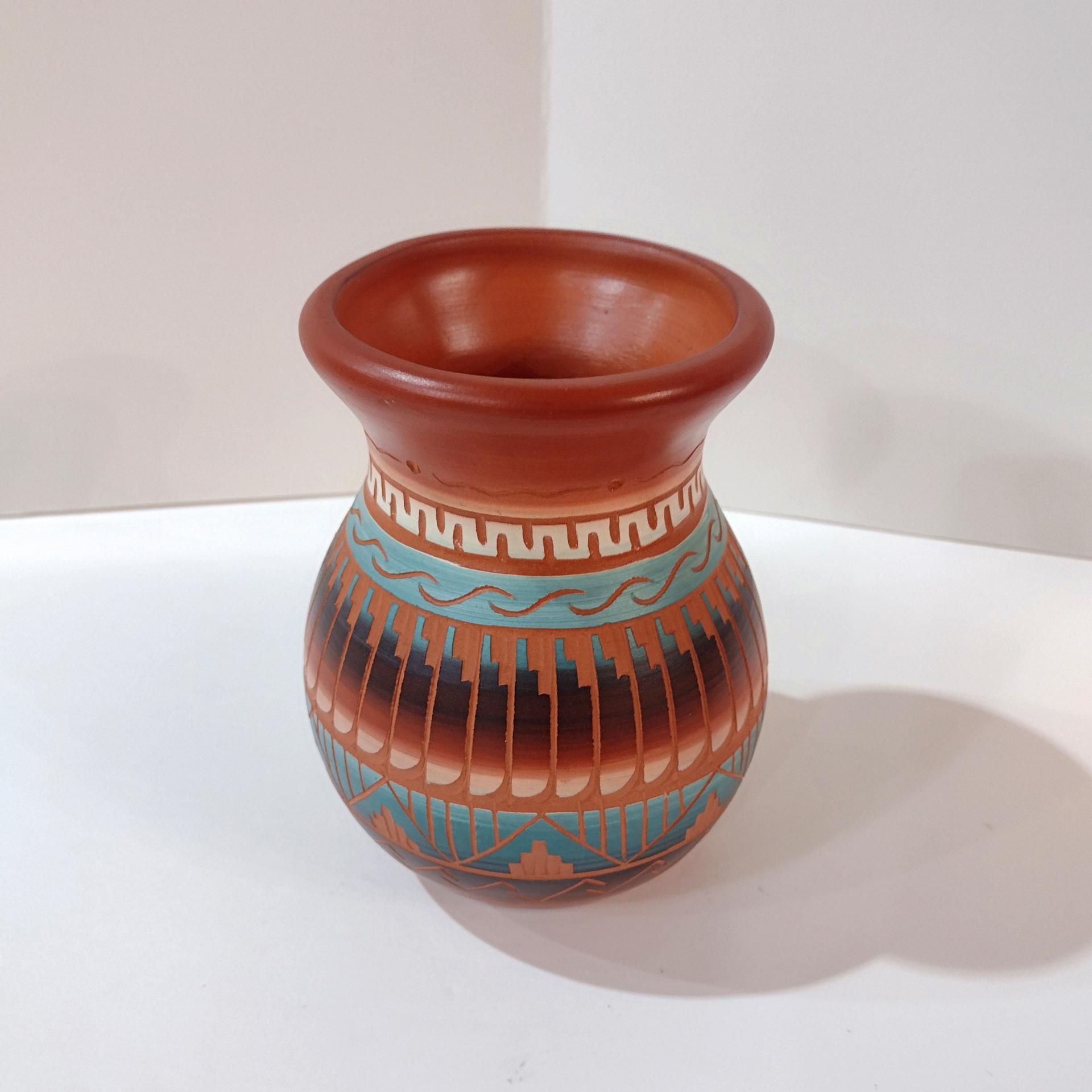 Vintage Navajo Red Clay Etched Hand Crafted Pottery Vase, Authentic Signed Native American Indian Ceramic Pot, New Mexico Art