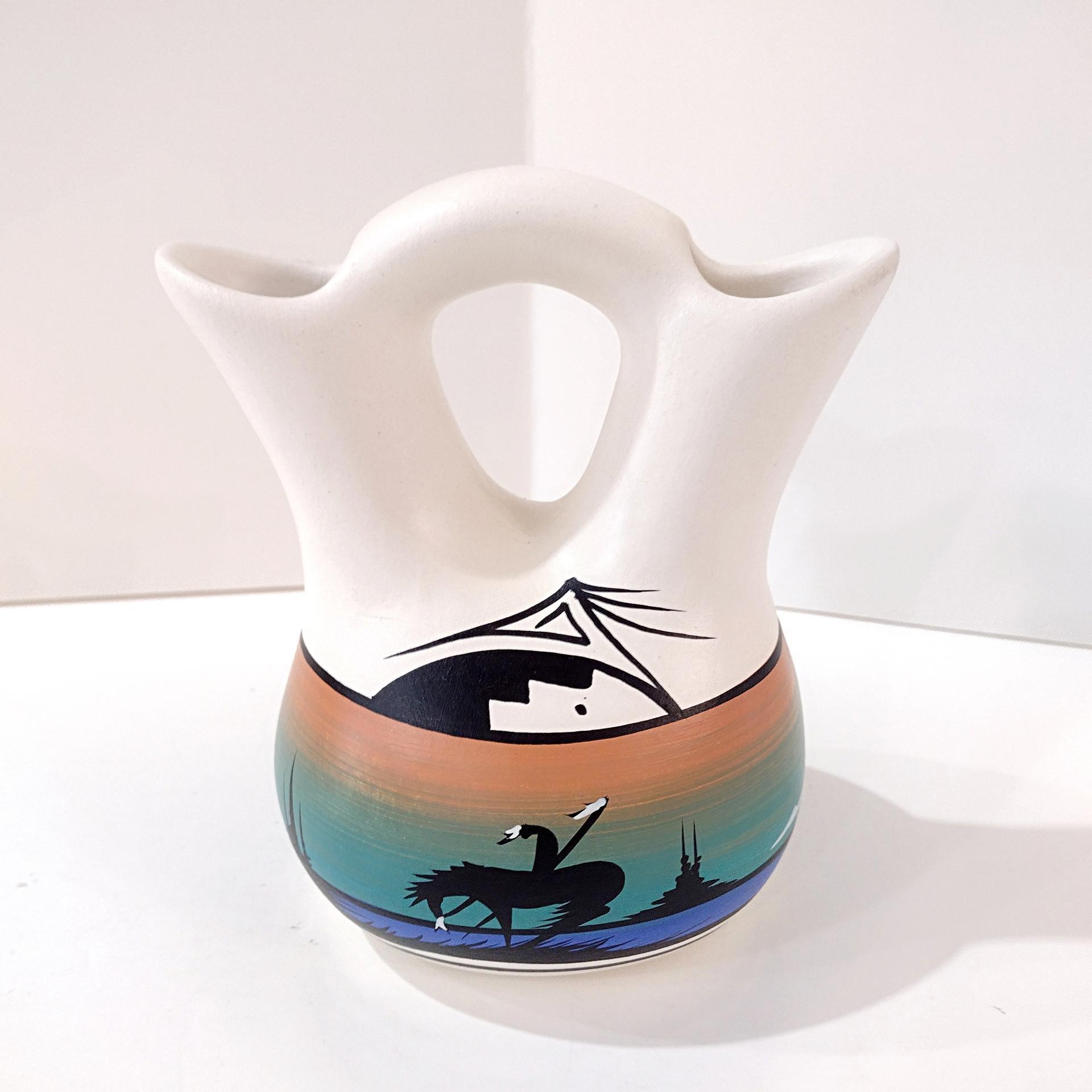 Vintage Navajo Indian Wedding Vase, Judy J Cedar Mesa Signed Pottery, Double Stemmed Flower Vase