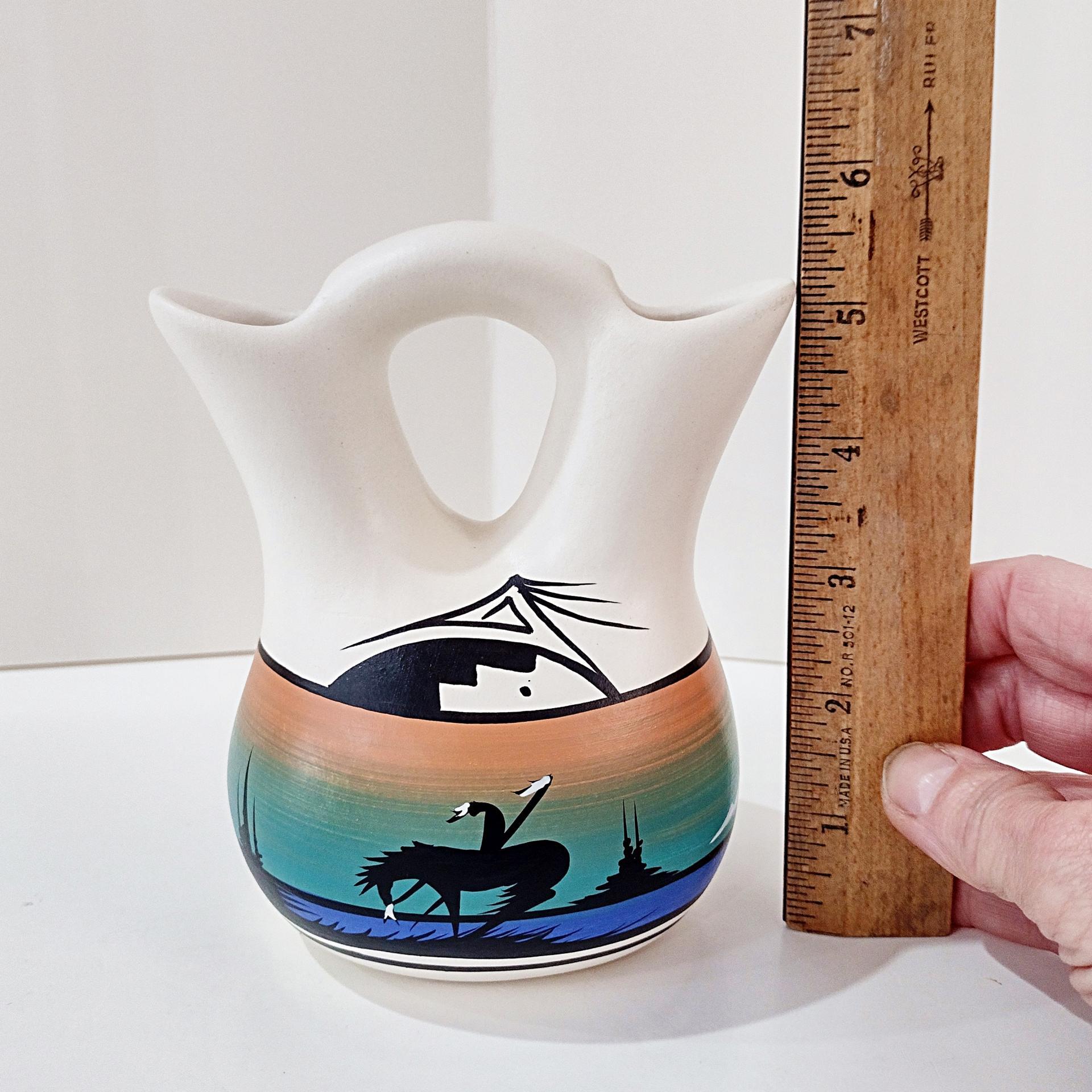 Vintage Navajo Indian Wedding Vase, Judy J Cedar Mesa Signed Pottery, Double Stemmed Flower Vase