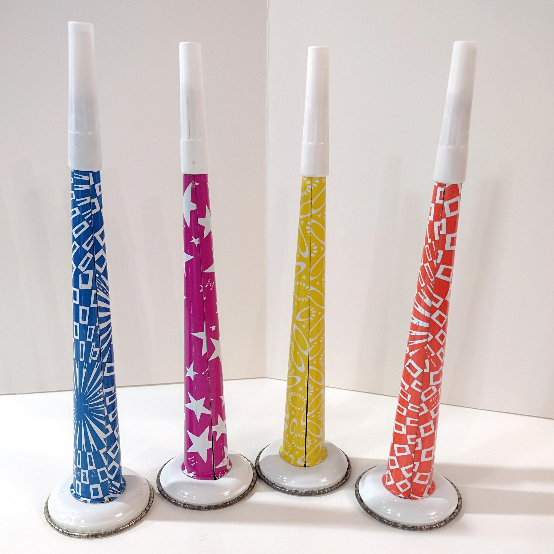 Vintage Tin Litho Metal Noise Maker Horns, Set of 4, 1950's Party Noisemaker Blowers