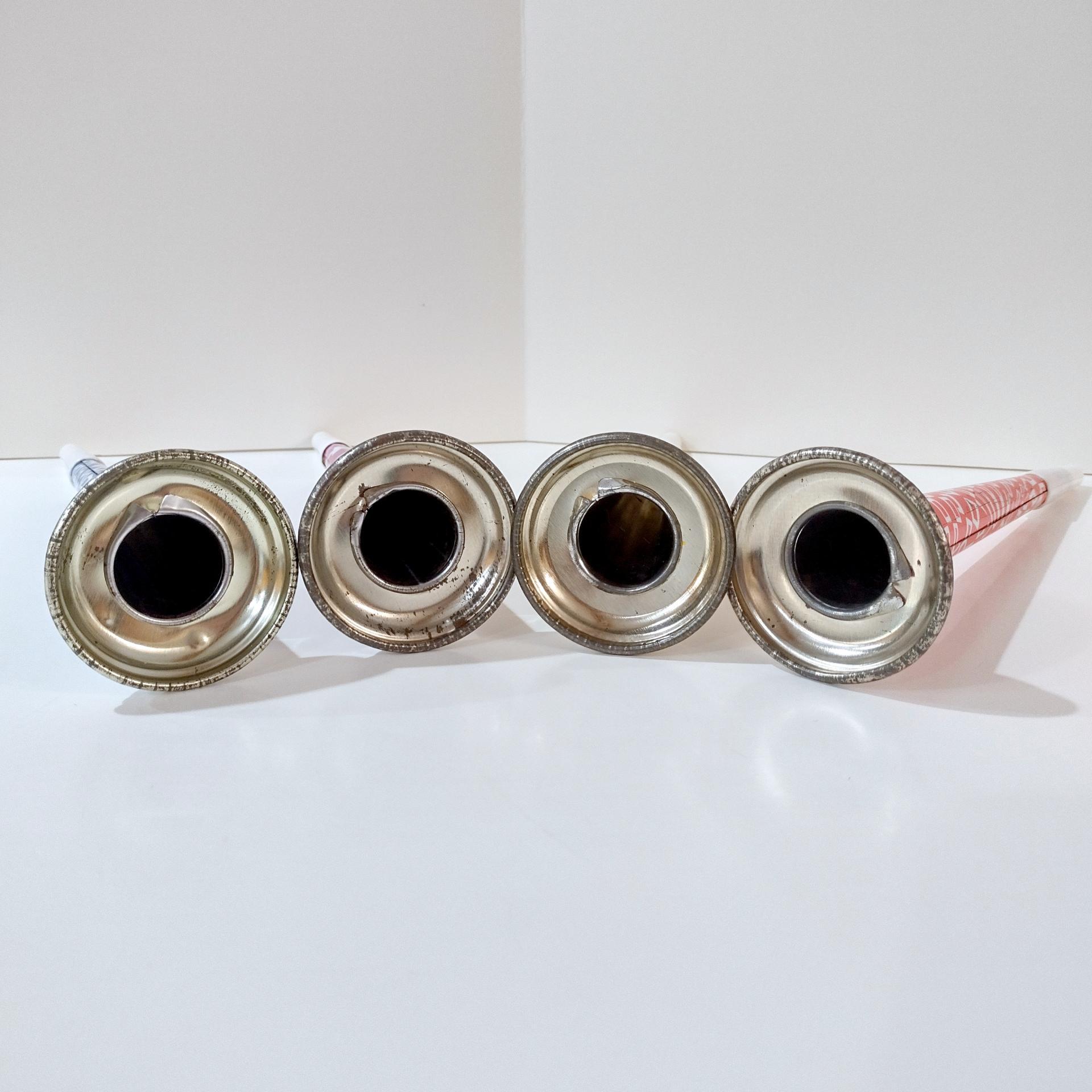 Vintage Tin Litho Metal Noise Maker Horns, Set of 4, 1950's Party Noisemaker Blowers