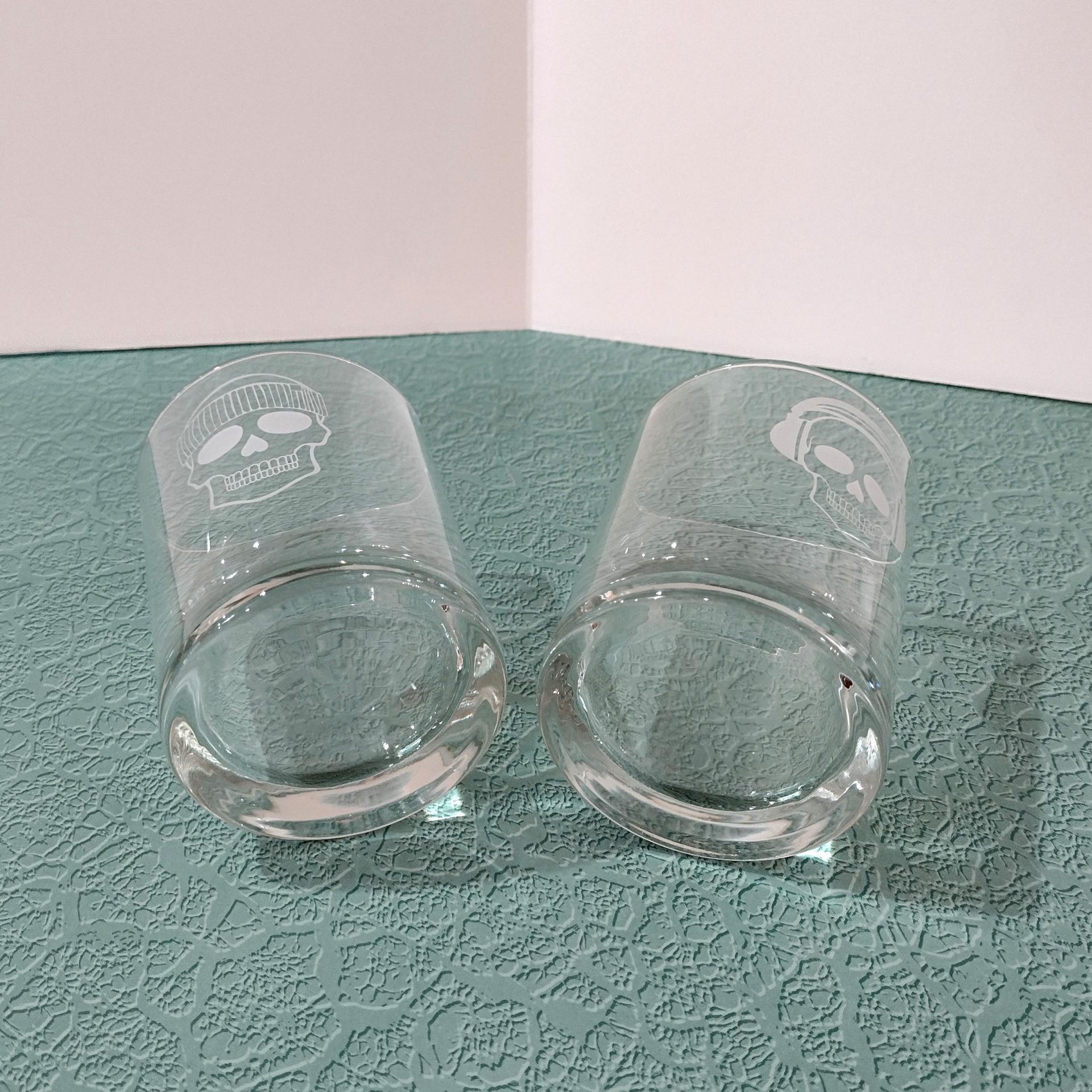 Vintage Numbskulls Whiskey Lowball Rocks Glasses, Set of Two, Etched Skull Glasses, Halloween Barware, Double Old Fashioned Glasses
