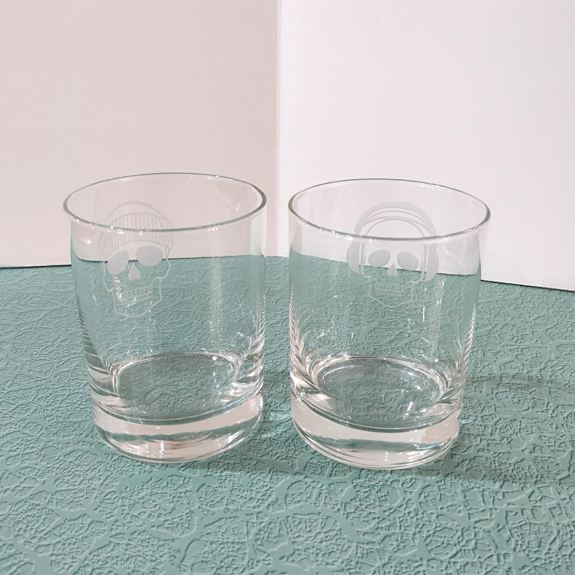Vintage Numbskulls Whiskey Lowball Rocks Glasses, Set of Two, Etched Skull Glasses, Halloween Barware, Double Old Fashioned Glasses