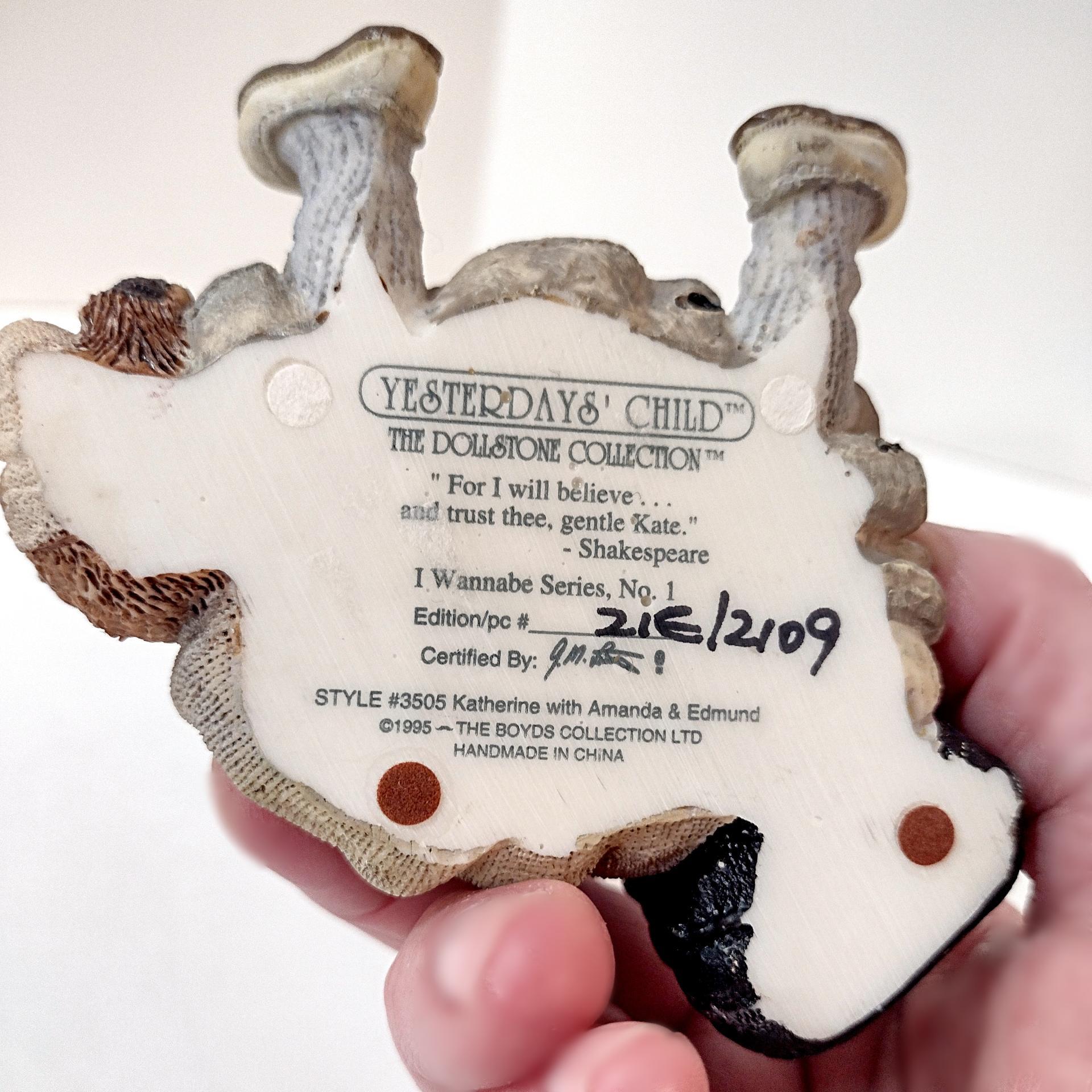 Vintage 1995 Yesterday's Child The Dollstone Collection I Wannabe Series #1, Boyds Bears Figurine Nurse Girl with Teddy Bear