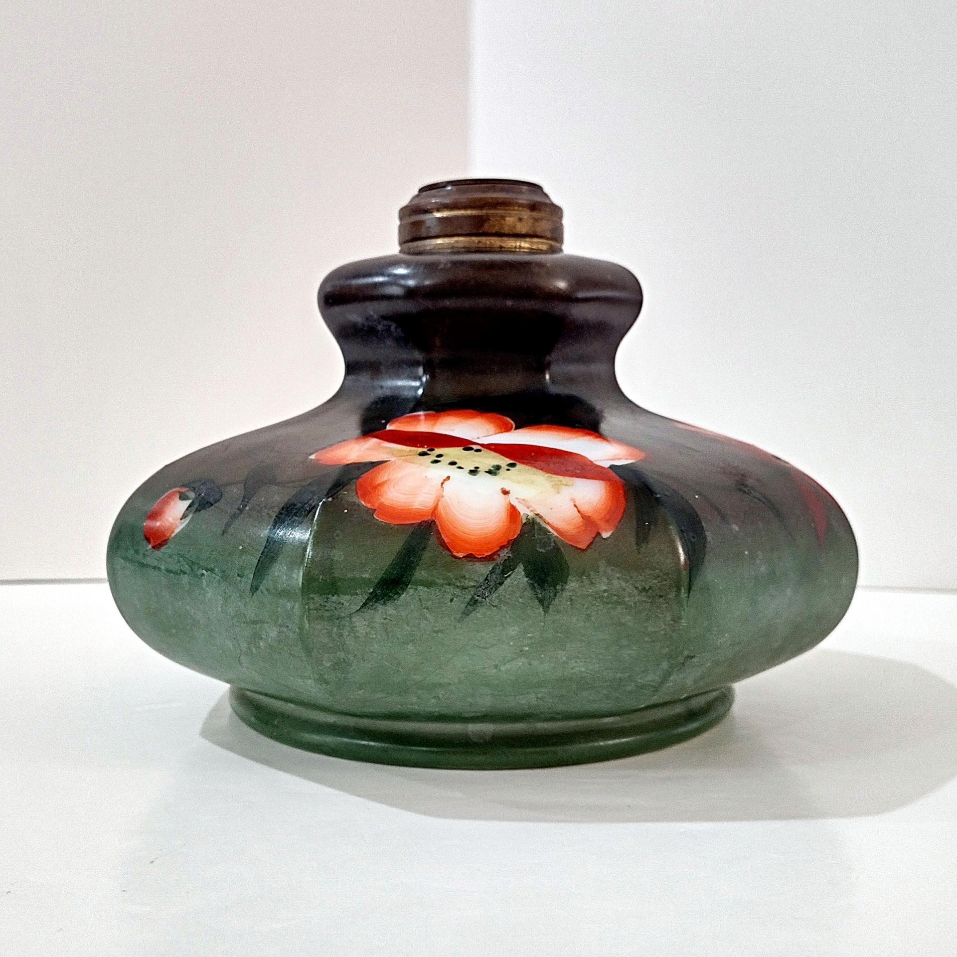 Vintage Green and Pink Floral Hand Painted Milk Glass Oil Lamp Base