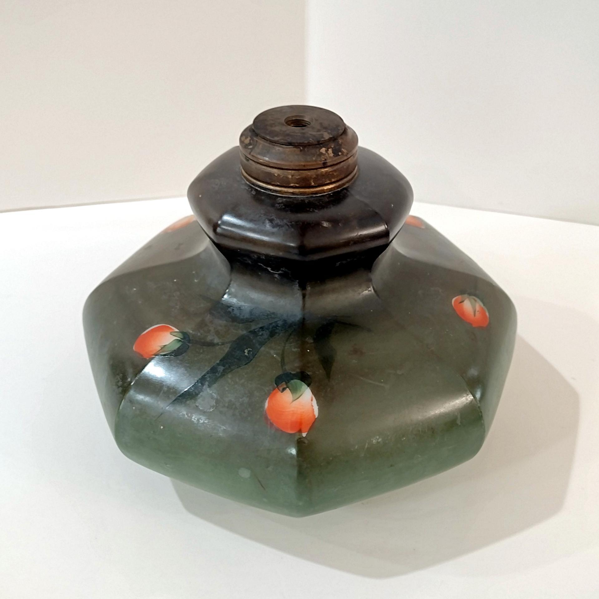 Vintage Green and Pink Floral Hand Painted Milk Glass Oil Lamp Base